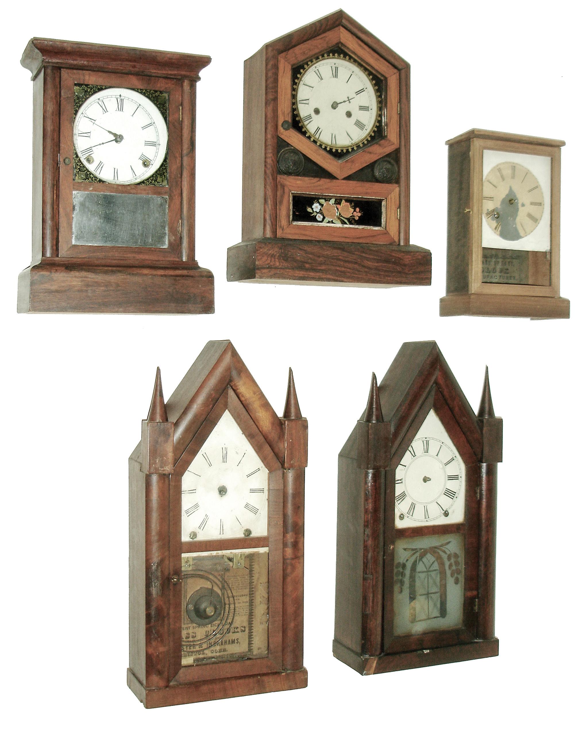 Clocks- 8 (Eight): (1) Atkins Clock Co., Bristol, Conn., 8 days, time and strike, small cornice top cottage clock. (2) Henry Sperry, New York, 30 hours, small cottage timepiece. (3) Brewster &amp; Ingrahams, Bristol, Conn., 8 days, time and strike, spring brass movement sharp gothic or steeple clock. (4) New Haven Clock Co., (Jerome &amp; Co.), New Haven, Conn., 30 hours, time and strike, shelf clock. (5) Brewster &amp; Ingrahams, Bristol, Conn., 8 days, time and strike, spring brass movement sharp gothic or steeple clock. (6) Atkins Clock Co., Bristol, Conn.ÓLondonÒ shelf clock in rosewood veneer with a spring driven, 8 days, time and strike, movement, c1863. (7) Atkins Clock Co., Bristol, Conn.ÓLondonÒ shelf clock in rosewood veneer with a spring driven, 8 days, time, strike and alarm movement, c1863. (8) Atkins Clock Co., Bristol, Conn.ÓLondonÒ shelf clock in rosewood veneer with a spring driven, 8 days, time and strike, movement, c1863. — Antique Clocks Price Guide
