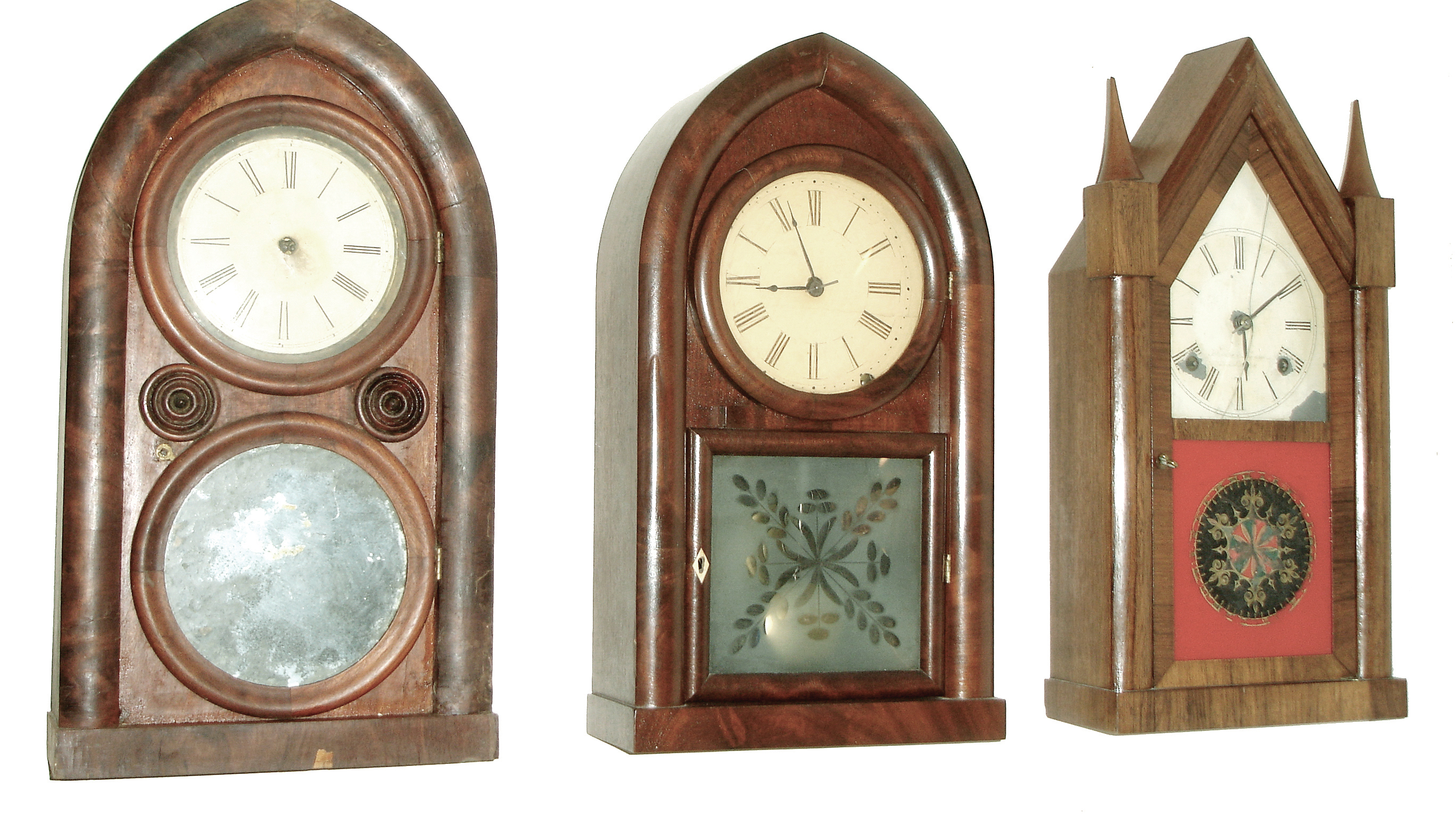 Clocks- 3 (Three): (1) Smith &amp; Taylor, New York, 30 hours, time and strike, spring fusee brass movement sharp gothic or steeple clock. (2) Brewster &amp; Ingrahams, Bristol, Conn., 8 days, time and strike, spring brass movement round gothic or beehive clock. (3) Daniel Pratt &amp; Sons, Reading, MA, 8 days, time and strike, spring brass movement round gothic or beehive clock. — Antique Clocks Price Guide
