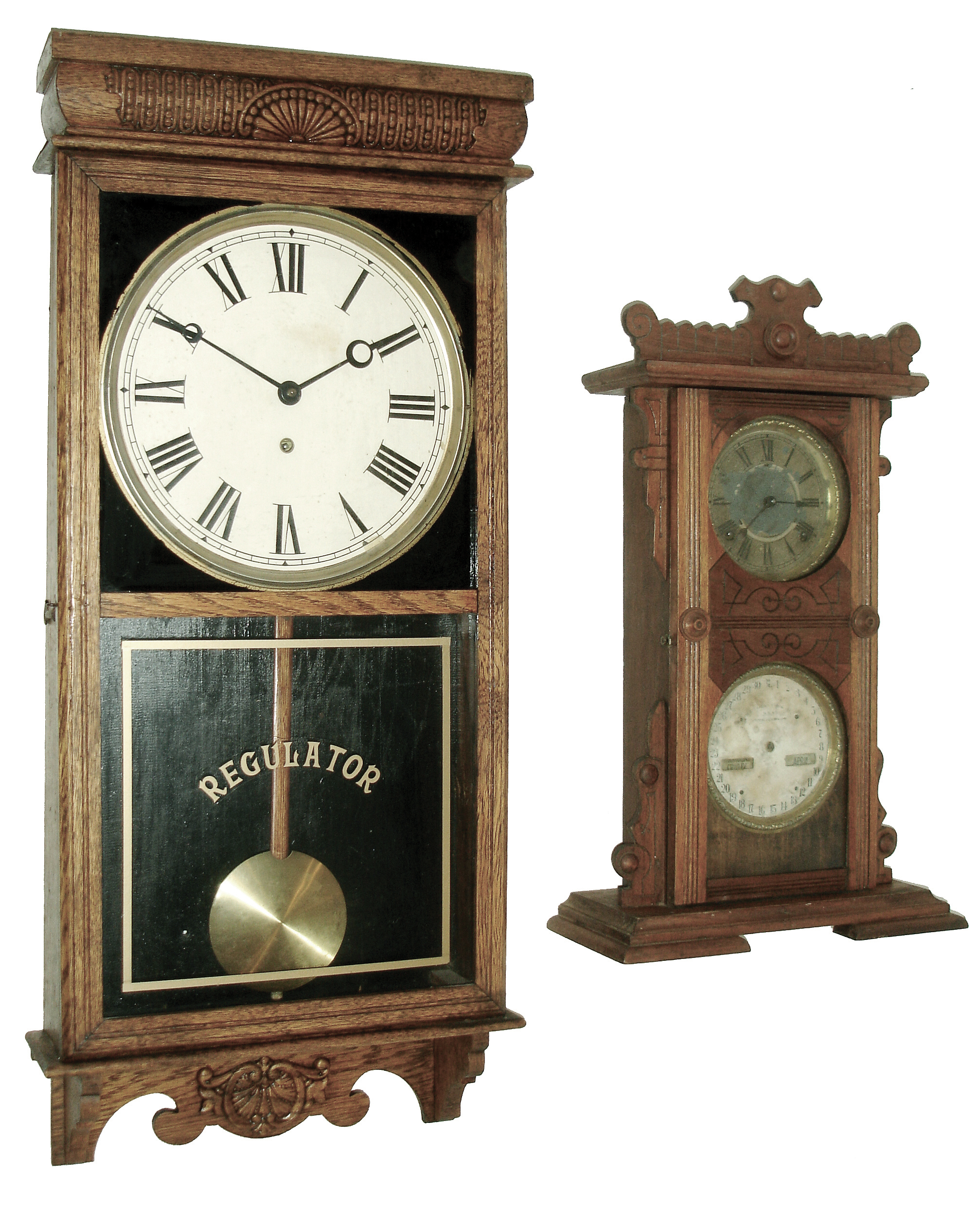 Clocks- 2 (Two): (1) E. N. Welch Mfg. Co., Forestville, Conn., Store Regulator in solid oak case with spring driven, 8 days, timepiece movement, c1900. (2) Waterbury Clock Co., Waterbury, Conn., ÒCalendar No. 44Ó walnut shelf clock with spring driven, 8 days, time and strike, movement, c1890. — Antique Clocks Price Guide