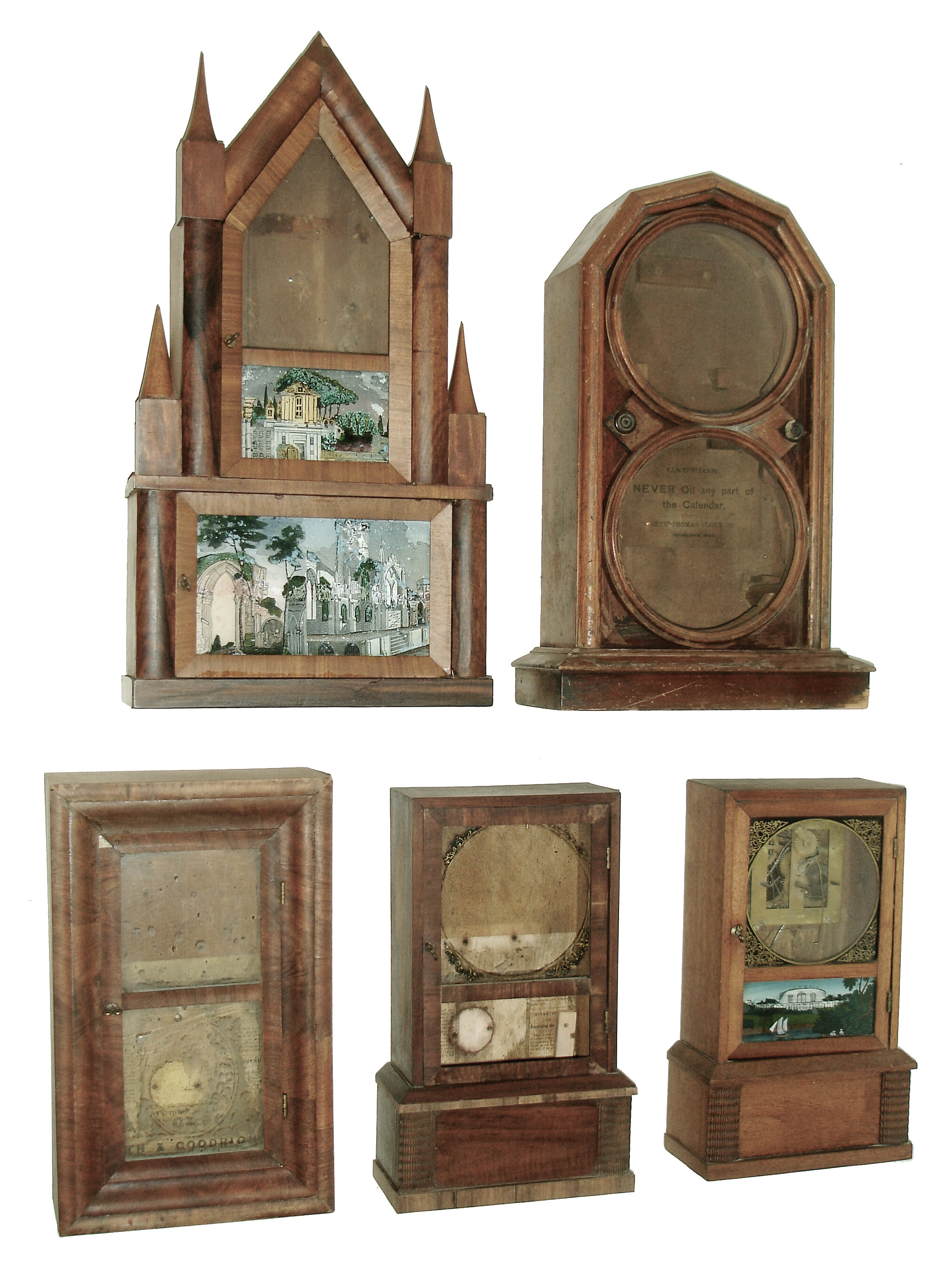 Clock &amp; cases - 7 (Seven): (1) Seth Thomas, Thomaston, Conn., ÓParlor No. 5Ò double dial calendar case (only), c1896. (2) Forestville Mfg. Co., (J.C. Brown), Forestville, Conn., 30 hours, time and strike, brass movement shelf clock, c1850. (3) Forestville Mfg. Co., (J.C. Brown), Forestville, Conn., clock case (only), c1850. (4) Smith &amp; Goodrich, Bristol, Conn., small OOG clock case, c1850. (5) Unknown, Connecticut, steeple on frame or double steeple shelf clock case, c1845; (6) Chicago Automatic Time Recorder. 15 day, spring brass movement wall timepiece, c1910. (7) E. Ingraham &amp; Co., Bristol, Conn., ÓNileÒ, 8 days, spring brass movement banjo timepiece, c1915. — Antique Clocks Price Guide