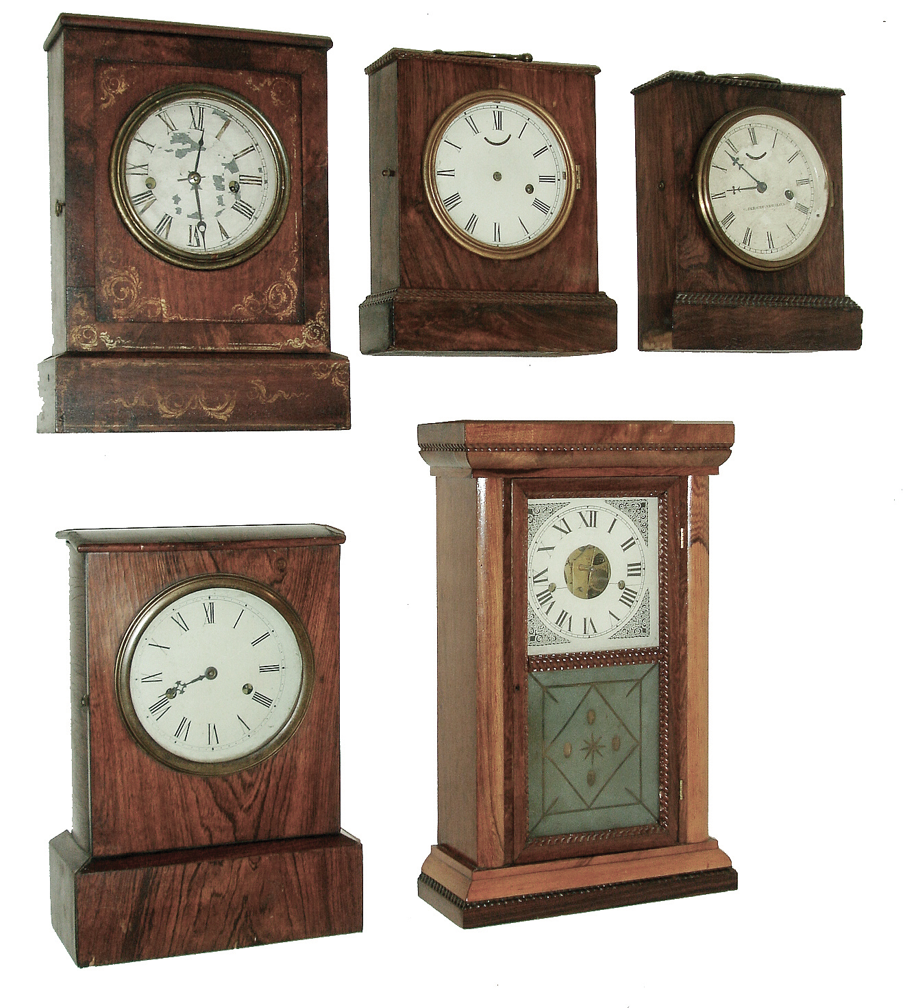 Clocks- 5 (Five): (1) Chauncey Jerome, New Haven,?, 30 hours, time and strike, brass spring movement shelf clock. Chauncey Jerome, New Haven, Conn., 8 days, brass spring marine movement timepiece. (3) Chauncey Jerome, New Haven, Conn., 30 hours, brass spring marine movement timepiece. (4) Chauncey Jerome, New Haven, Conn., 30 hours, time and strike, spring brass movement cottage clock. (5) Smith &amp; Taylor, 105 John St., New York 30 hours, time and strike, brass spring movement shelf clock. — Antique Clocks Price Guide