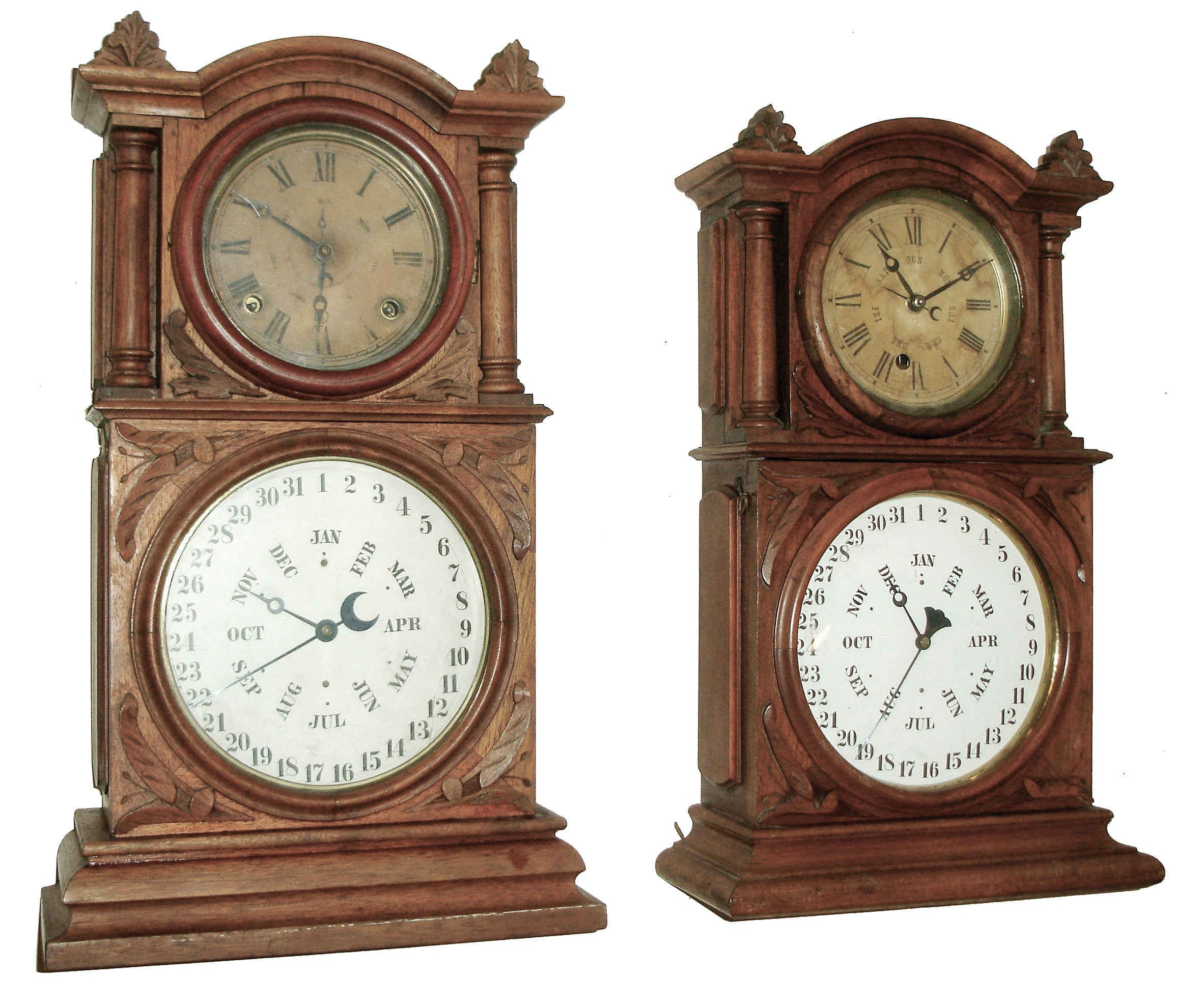 Clocks- 2 (Two): (1) E. Ingraham &amp; Co., Bristol, Conn., ÓIngraham CalendarÒ shelf clock with spring driven, 8 days, time &amp; strike movement in a walnut case, c1881. (2) E. Ingraham &amp; Co., Bristol, Conn., ÓIngraham CalendarÒ shelf clock with spring driven, 8 days, time (only) movement in a walnut case, c1881. — Antique Clocks Price Guide