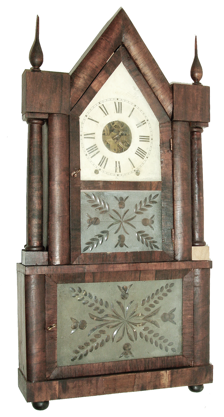 Clocks- 3 (Three) Connecticut shelf clocks: (1) Birge &amp; Fuller, Bristol, Conn., 8 days, time and strike, brass movement wagon spring powered double steeple shelf clock, c1845; (2) Attributed to Norris or Ethel North or Erastus Hodges, Torrington, Conn.miniature Pillar &amp; Scroll with weight driven, 30 hours, time and strike, Torrington-style wooden works movement, c1825; (3) Seth Thomas Clock Co., Plymouth Hollow, Conn., ÓParlor CalendarÒ, shelf clock, 8 days, time, strike and calendar, weight driven movement, rosewood veneer case, c1863 — Antique Clocks Price Guide