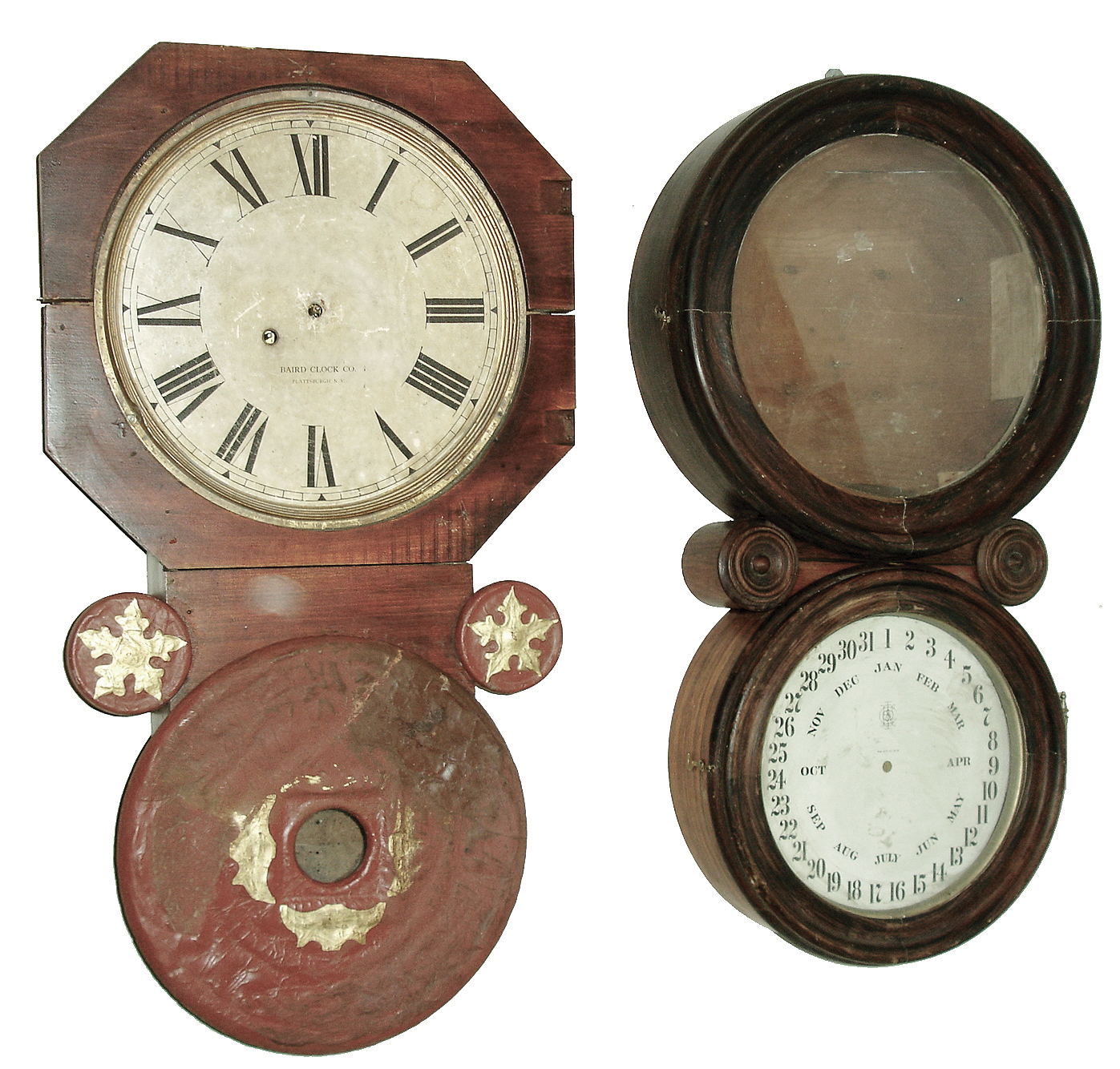 Clocks- 2 (Two): (1) Baird Clock Co., Plattsburgh, NY, Advertising Clock, 8 days, time only, movement in a wall hanging case, c1890. (2) E. Ingraham &amp; Co., Bristol, Conn.ÓIonic CalendarÒ rosewood case (only), c1886 — Antique Clocks Price Guide