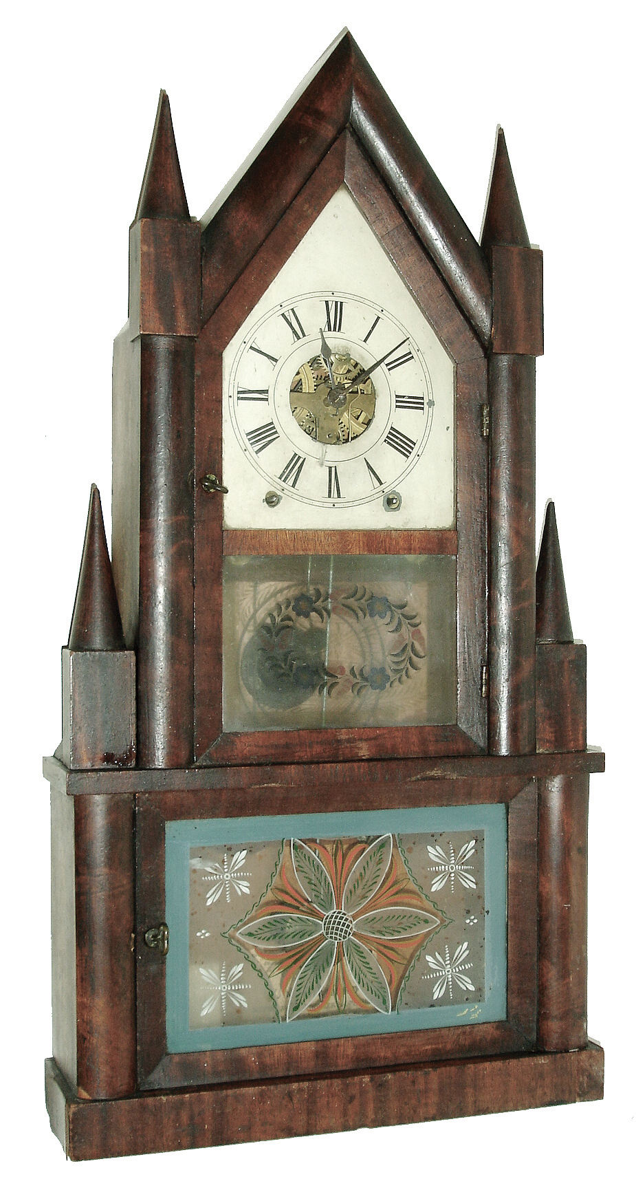 Birge &amp; Fuller, Bristol, Conn., 8 days, time and strike, detached fusee brass movement steeple on frame or double steeple shelf clock, c1845 — Antique Clocks Price Guide