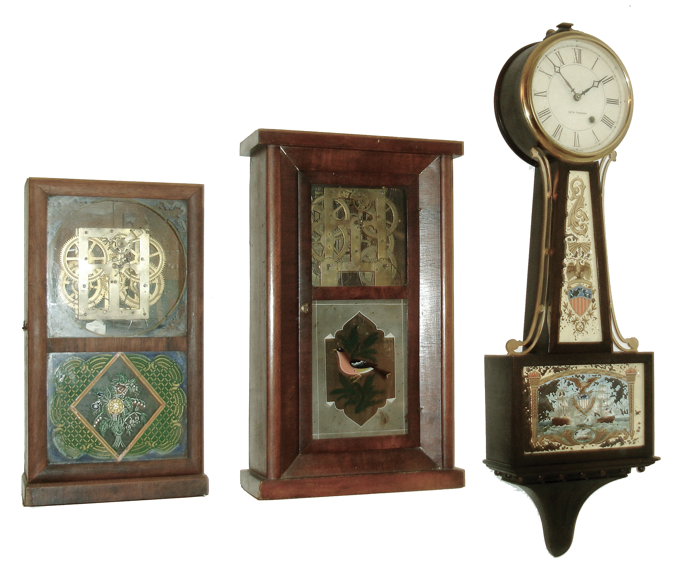 Clocks- 3 (Three): (1) Seth Thomas Clock Co., Thomaston, Conn., ÓBanjo No. 1Ò with spring driven, 8 days, timepiece movement in a mahogany case, c1924. (2) William S. Johnson, 16 Courtlandt St., NY, miniature Empire beveled mahogany case shelf clock with a fusee driven, 8 days, time and strike, movement, c1845. (3) Smith &amp; Goodrich, Bristol, Conn. Empire style shelf clock with a 30 hours, time and strike, movement in a rosewood veneered case, c1850. — Antique Clocks Price Guide