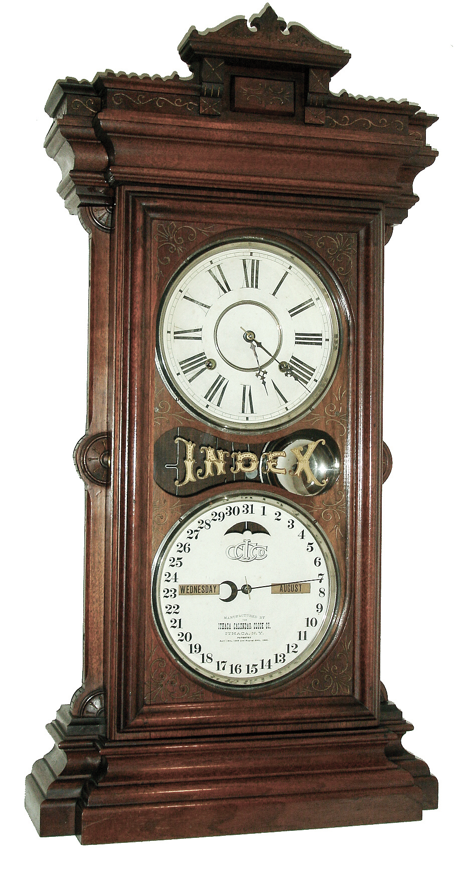 Ithaca Calendar Clock Co., Ithaca, NY, Large Model ÓIndexÒ, 8 days, time and strike, spring brass movement double dial calendar clock, c1880 — Antique Clocks Price Guide