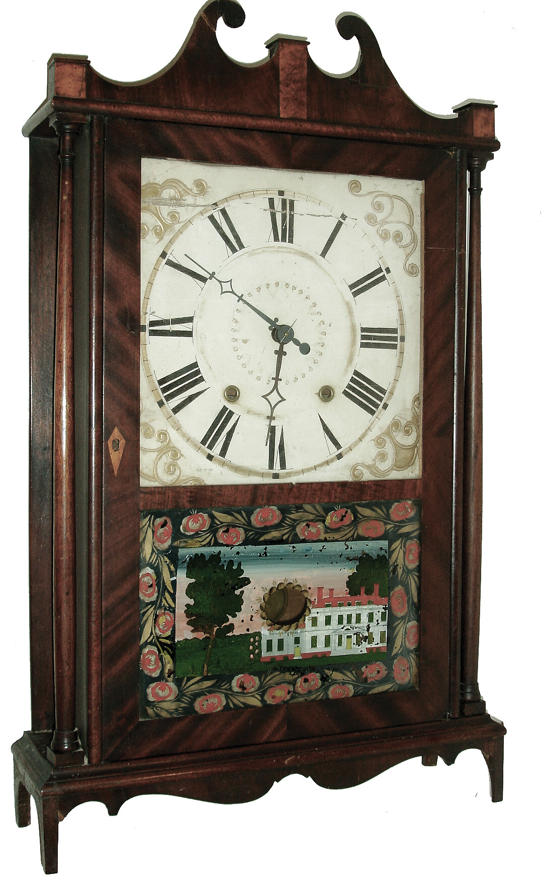 Seth Thomas, Plymouth, Conn., Pillar &amp; Scroll shelf clock with a weight driven, 30 hours, wooden works, time and strike, movement in a mahogany veneered case, c1825. — Antique Clocks Price Guide