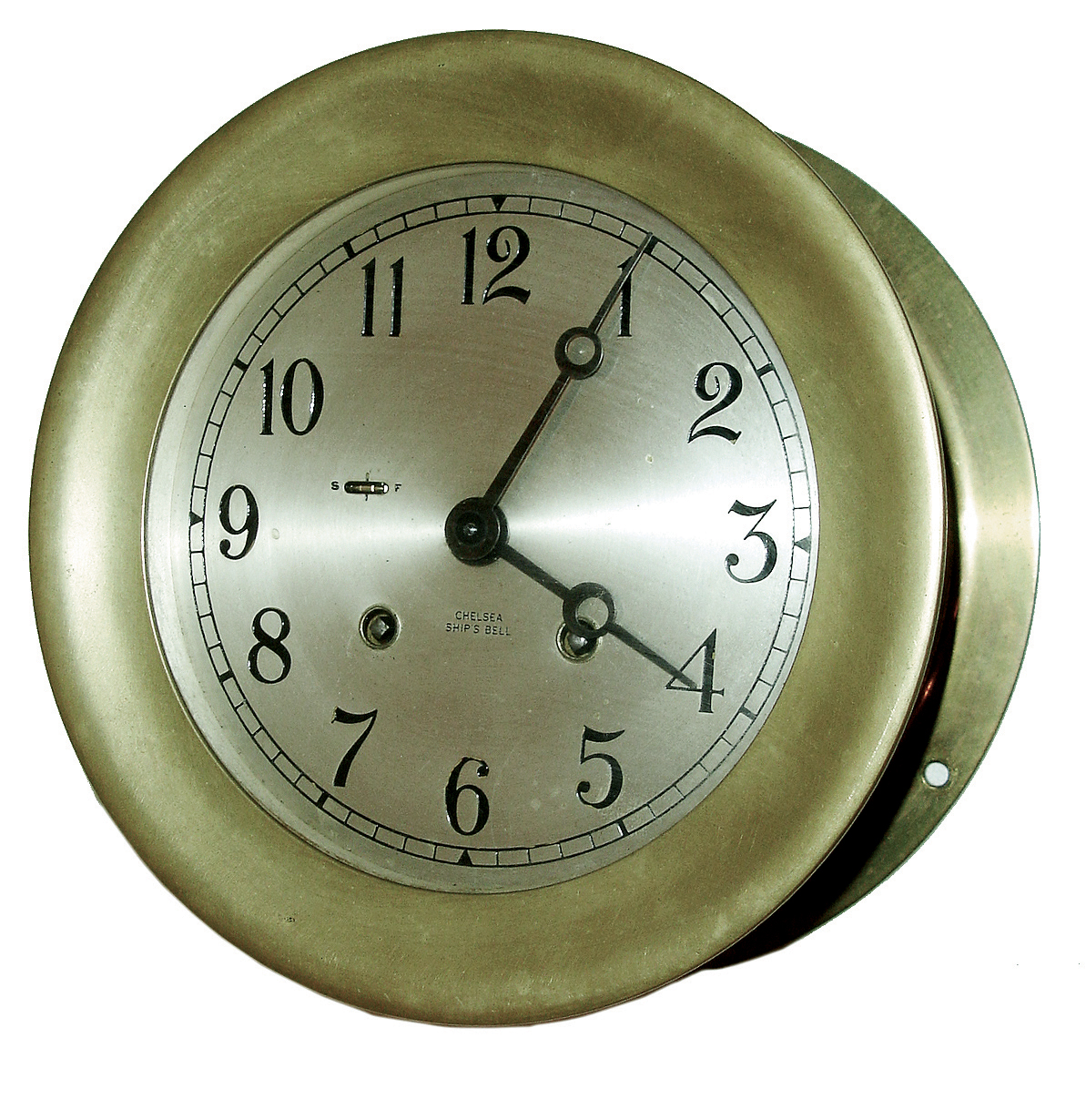 Chelsea Clock Co., Chelsea, Mass., 8 days, time and shipÕs bell strike, 6Ó dial brass case wall clock. Serial No. 587485, c1952 — Antique Clocks Price Guide