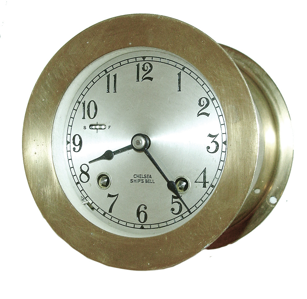 Chelsea Clock Co., Chelsea, Mass., 8 days, 4Ó dial, time and shipÕs bell strike brass case wall clock. Serial No. 778198, c1972 — Antique Clocks Price Guide