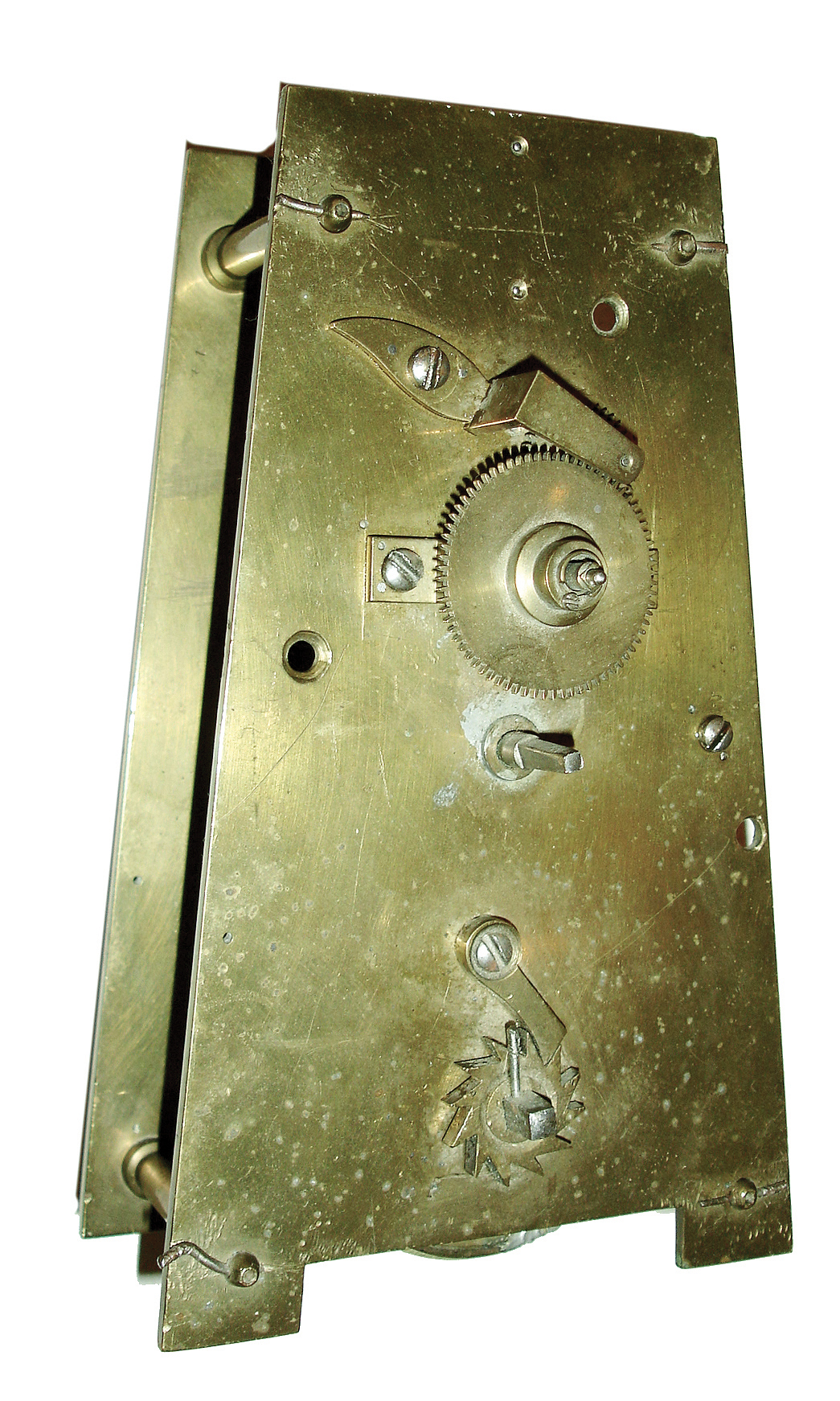Clocks- 4 (Four) and a movement only: (1) English, 8 days, brass spring fusee regulator clock movement (only), c1900; (2) Aug. Schatz &amp; Sohne, 8 days, time and shipÕs bell strike brass case wall clock, c1980; (3) English, 8 days, Time, brass spring fusee gallery timepiece, c1890; (4) English, 30 hours, balance escapement time (only) movement with music box. The picture depicts Parliament House, London, with the mechanism working the clock of Westminster (which strikes ÒBig BenÓ which is the name of the bell, not the clock), c1900. This example is a painted design a Masonite-type panel with applied mother-of-pearl. These pictures were sold as a souvenir to tourists. This is one is numbered: 4768. The small music box that ran off the strike train probably plays Westminster chimes; (5) Dutch, Startklok 30 hours, time, strike &amp; alarm weight-driven hanging clock, often called a ÒtailÓ clock or Dutch Hood, c1830 — Antique Clocks Price Guide
