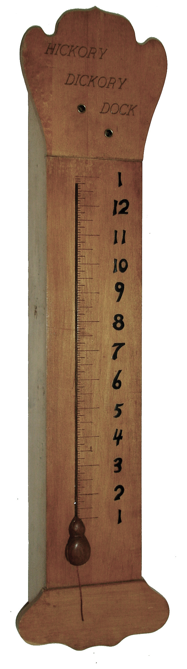Hickory Dickory Dock clock, modern reproduction, case of hard maple by ÒAJSÓ with a 2-train open spring movement that was cut in half and a spool added to advance the cord, c1995 — Antique Clocks Price Guide