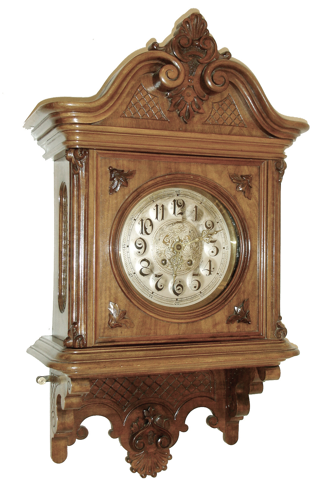 Lenzkirch, Germany, walnut cartel clock or ÓGutsherrenuhrÒ made in the second Baroque style and especially nice quality, serial Nr. 1,149,132, and with good Lenzkirch logo on the movement, side frets on the case are pierced brass , lined with cloth, c1897 — Antique Clocks Price Guide