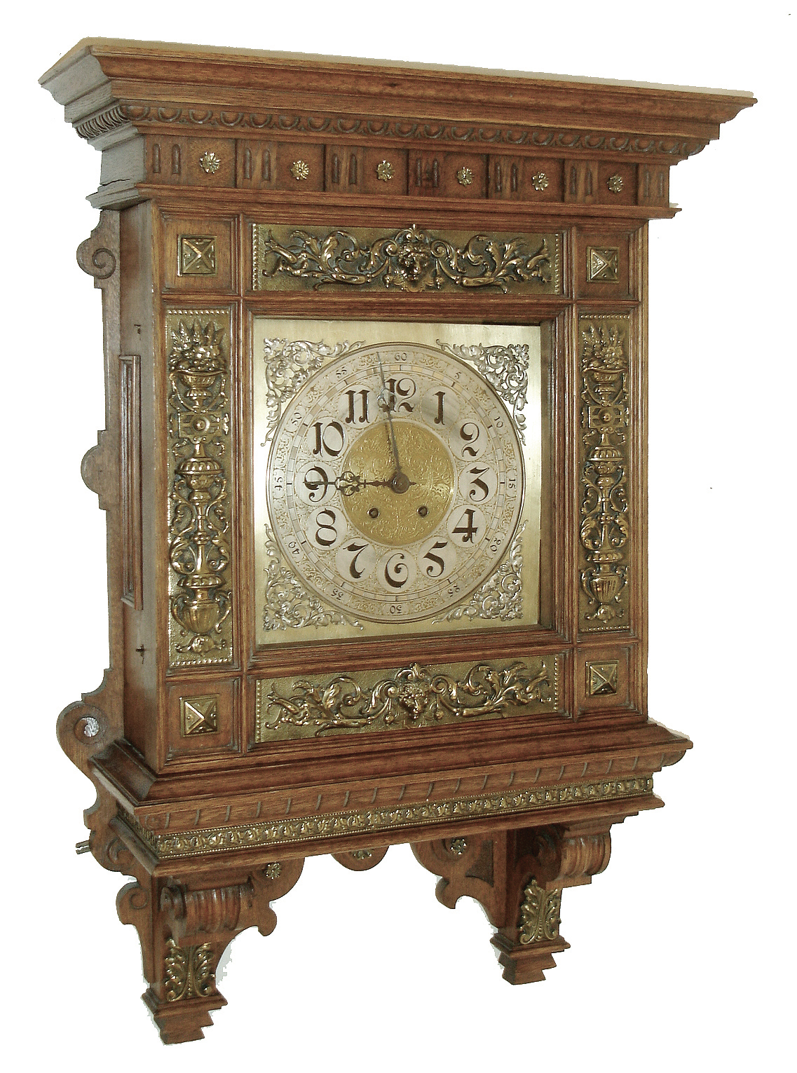 Lenzkirch, Germany, Gutsherrenuhr, or extra large cartel clock, the oak case with heavy cast brass decorations, upper and lower with lions heads, and the side castings with urns /floral motif, and with a well made rack striking movement, serial Nr. 768,303, Circa 1884 — Antique Clocks Price Guide