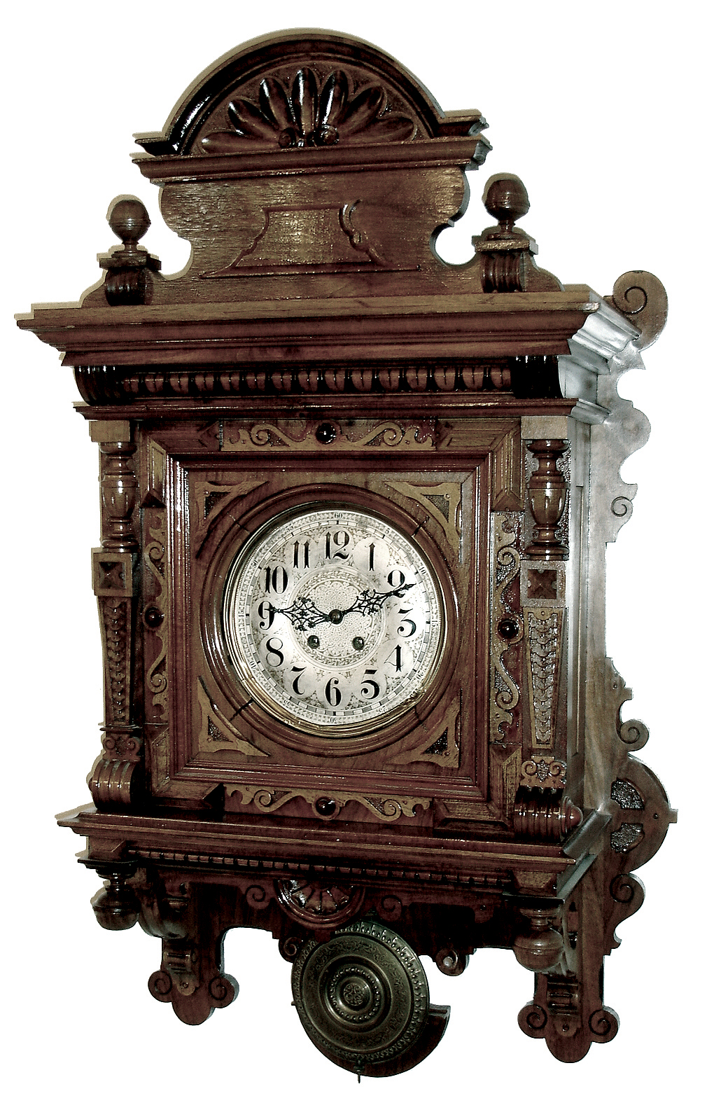 Lenzkirch, Germany, large ÓFreischwingerÒ, walnut case with embossed dial and large embossed pendulum, time and count wheel strike movement, serial Nr. 1,065,975, as-found, circa 1895. — Antique Clocks Price Guide