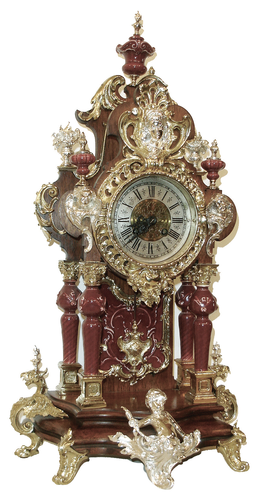 Lenzkirch, Germany, very rare burgundy porcelain / ormolu /and walnut, open well mantel clock, with cast pendulum, all in the French style., with over two dozen pieces of brass trim, some gilt, some silver or nickel plated, professionally restored, serial Nr. 654919, and with original brass + steel Lenzkirch key, C1880 — Antique Clocks Price Guide