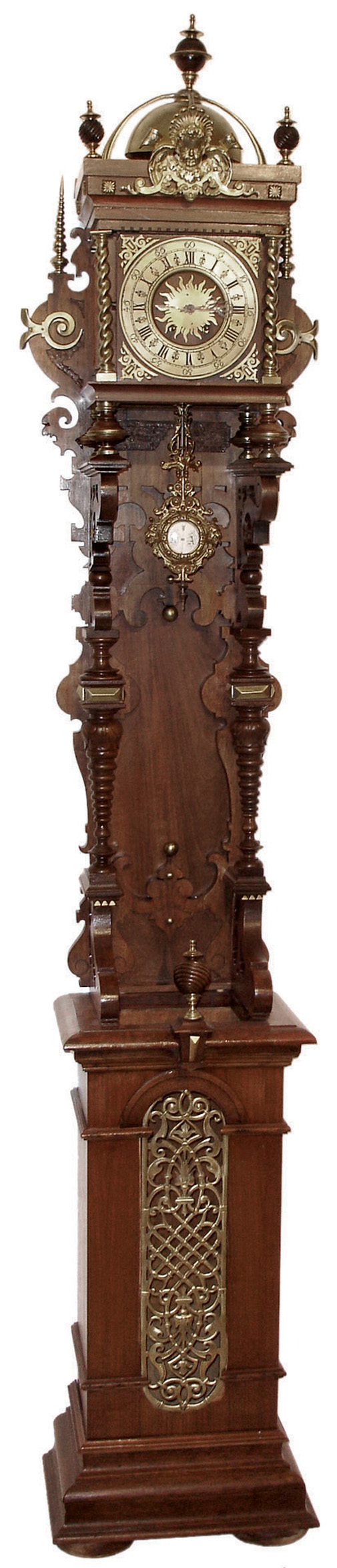 Lenzkirch, Germany, open well, floor standing clock, very ornate with many brass trimmings and fancy finials with brass bases and tips, Serial No. 587557, c1876 — Antique Clocks Price Guide