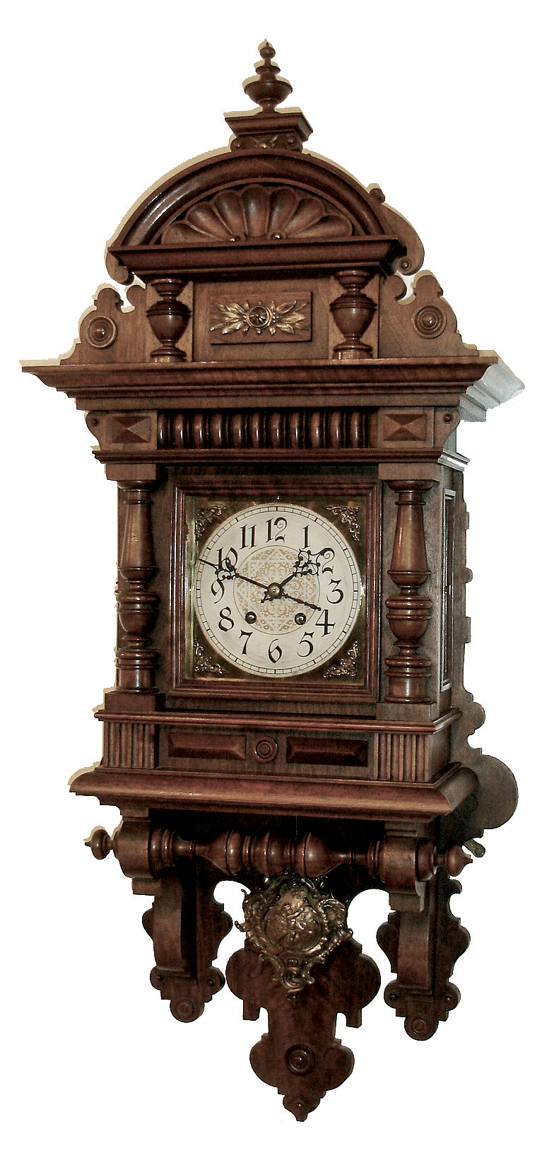 Lenzkirch, Germany, walnut ÒFreischwingerÓ, time and strike. This model similar to the model 70 illustrated in EverettÕs book on Lenzkirch, however this one without the profuse decorations. With count wheel model 26 movement, with Graham style, adjustable escapement. Serial 952566, circa 1891 — Antique Clocks Price Guide