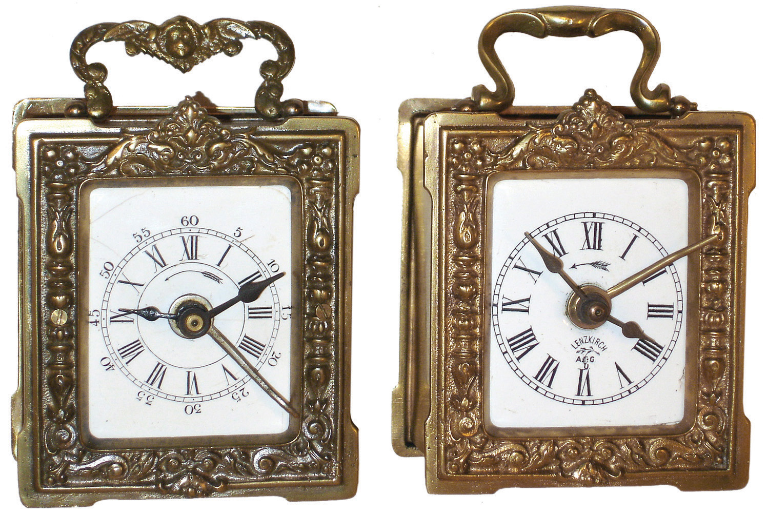 Clocks- 2 (Two) Lenkirch German small brass 30-hour carriage-style alarm clocks, c1890 — Antique Clocks Price Guide