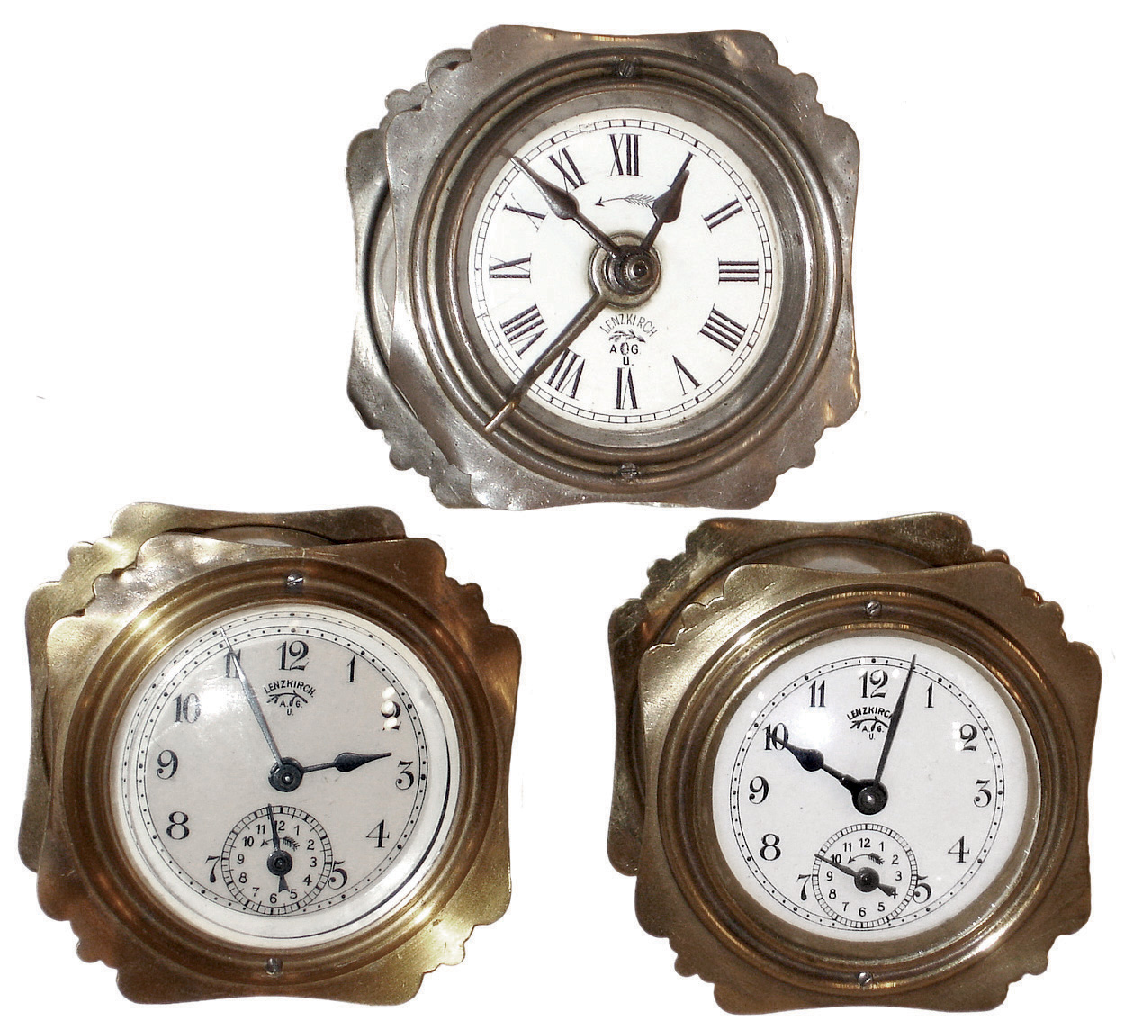 Clocks- 3 (Three) Lenkirch German brass and nickel, 30 hours, alarm clocks, c1900 — Antique Clocks Price Guide