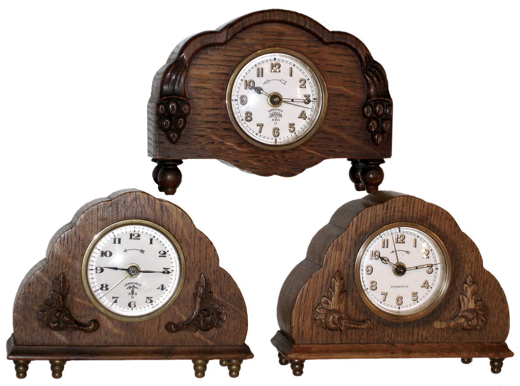 Clocks- 3 (Three) Lenzkirch German tambour-style oak case, 30 hours, alarm clocks, porcelain dials, c1900 — Antique Clocks Price Guide