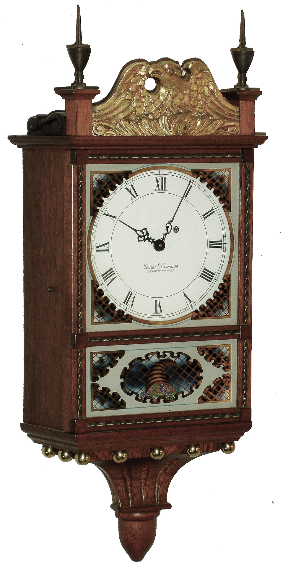 Foster Campos, Pembroke, Mass. wall-hanging, 8 days, time only, mahogany pillar &amp; scroll clock, Waltham movement, c1990 — Antique Clocks Price Guide