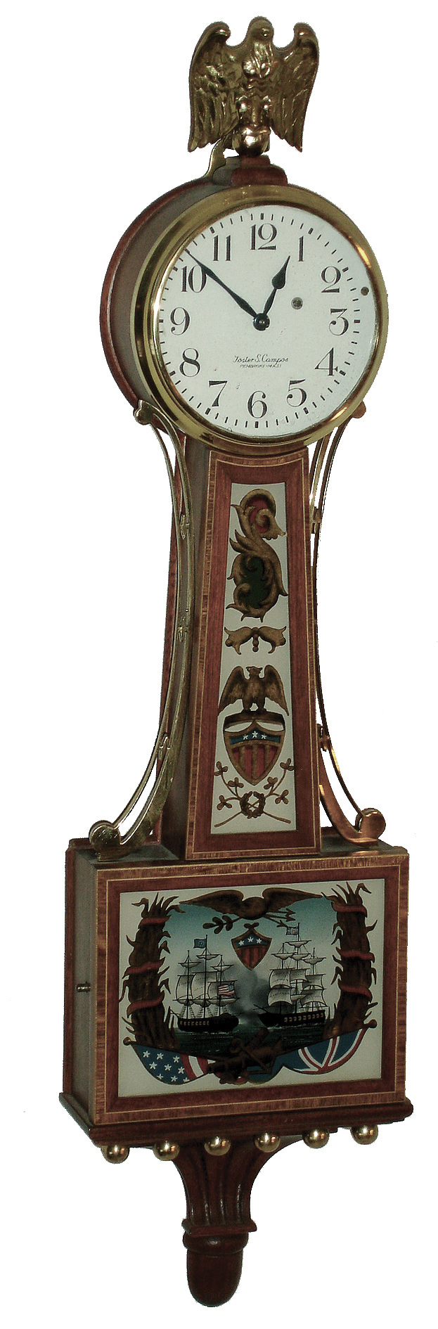 Foster Campos, Pembroke, Mass., miniature, 8 days, time only, banded mahogany banjo wall clock, Moberg glasses, c1980 — Antique Clocks Price Guide