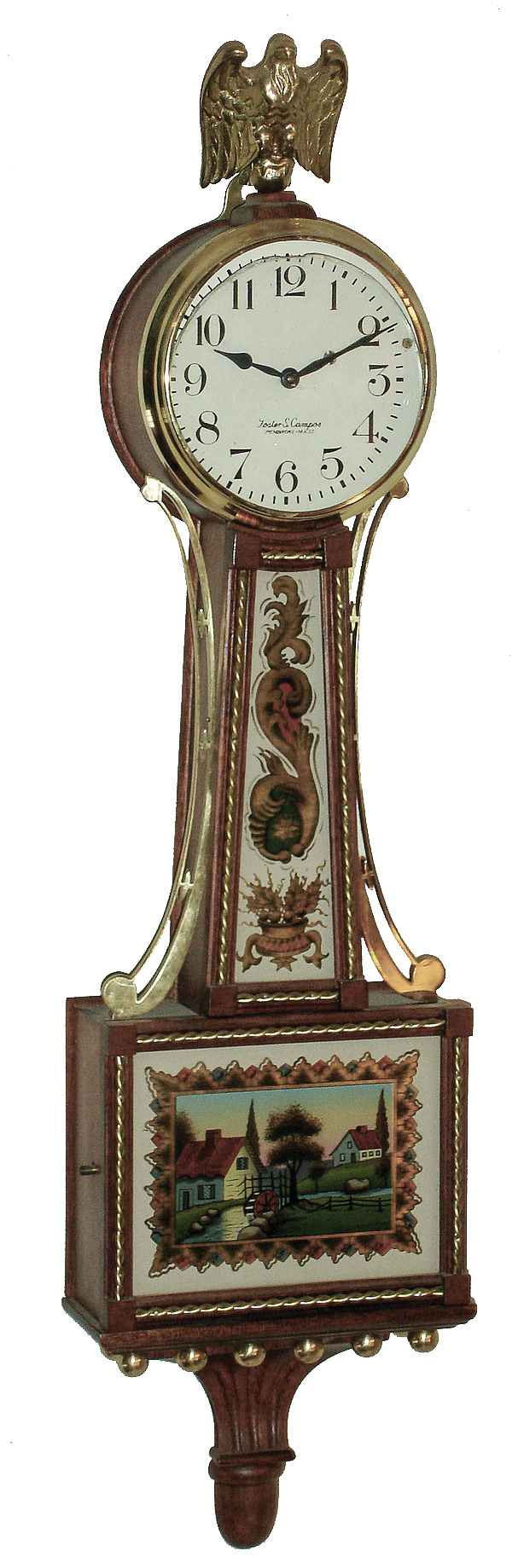 Foster Campos, Pembroke, Mass., miniature, 8 days, time only, mahogany banjo wall clock, twisted brass moldings, Moberg glasses, c1980 — Antique Clocks Price Guide
