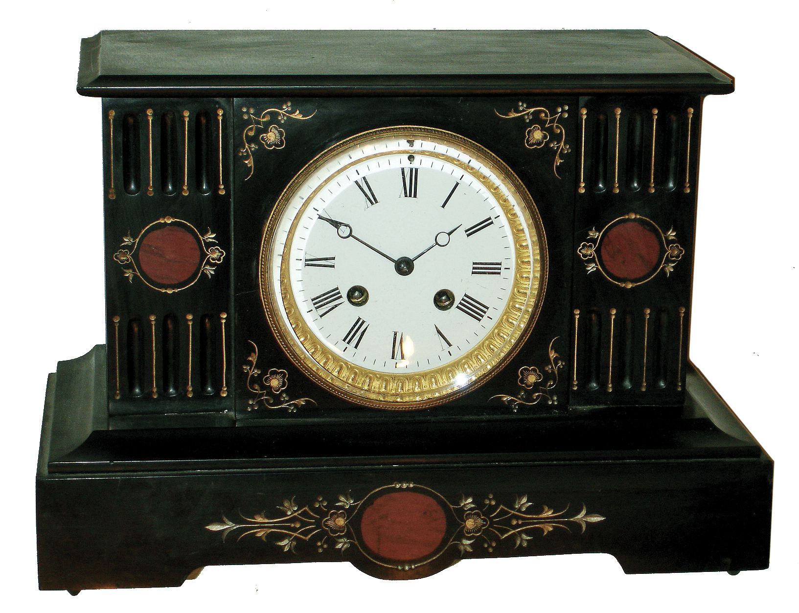 French black and red marble, 8 days, time and gong strike mantel clock, movement marked ÓEMÒ, matching numbers on movement, gong and pendulum, c1890 — Antique Clocks Price Guide