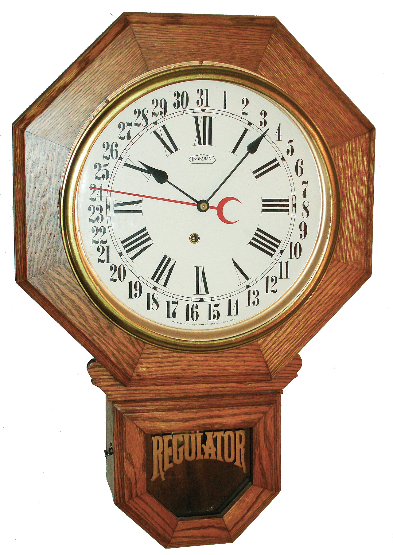 Clocks- 2 (Two) wall clocks: (1) E. Ingraham, Bristol, Conn., 8 days, oak time and calendar short-drop octagon, c1910; (2) German 2-weight, 8 days, carved wood cuckoo clock, Regular 34 movement for E. Schmeckenbecher, dated 1972 — Antique Clocks Price Guide