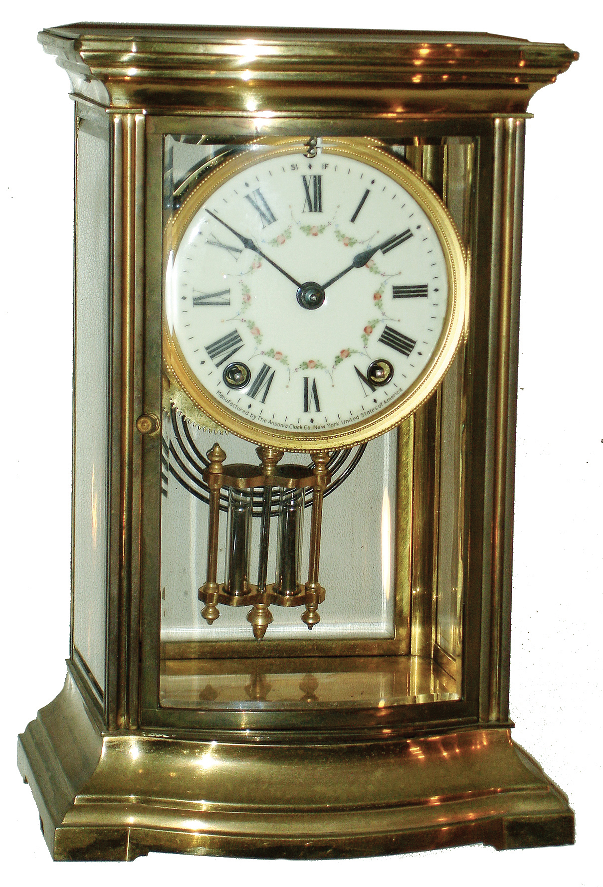 Clocks- 3 (Three) American: (1) Ansonia Clock Co., New York, NY, ÓRoyÒ bow-front brass and beveled glass, 8 days, time and strike, crystal regulator mantel clock, c1914; (2) Waterbury Clock Co., Waterbury, Conn., ÓParlor No. 5Ò, 8 days, time and strike, porcelain mantel clock, c1896; (3) Poole Manufacturing Co., Ithaca, NY, electro-magnetic mantel clock, ÓThe MelroseÒ Model 20, serial No. 6628, c1928 — Antique Clocks Price Guide