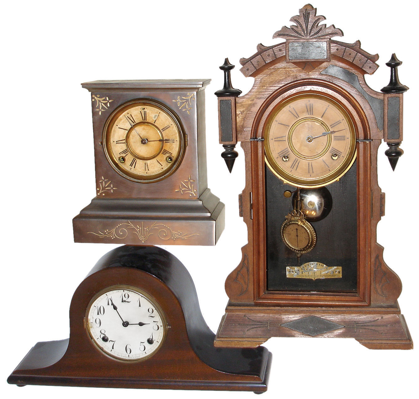 Clocks- 5 (Five) Connecticut, time and strike, mantel and shelf clocks: E.N. Welch Mfg. Co. and Chauncey Jerome, 30 hours, weight-driven OGÕs; tambour; Ansonia ÒSydneyÓ model walnut parlor with fancy pendulum, c186; and Ansonia ÒUniqueÓ iron with black paint removed; late 19th and early 20th centuries — Antique Clocks Price Guide
