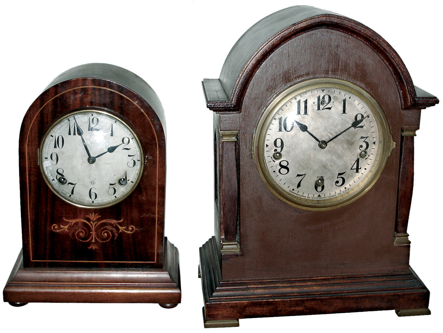Clocks- 2 (Two), 8 days, Connecticut mantel clocks: Waterbury ÒChime Clock No. 501Ó mahogany Westminster chime; Gilbert ÒNo. 1109Ó, time and strike, inlaid cabinet clock; c1910 — Antique Clocks Price Guide