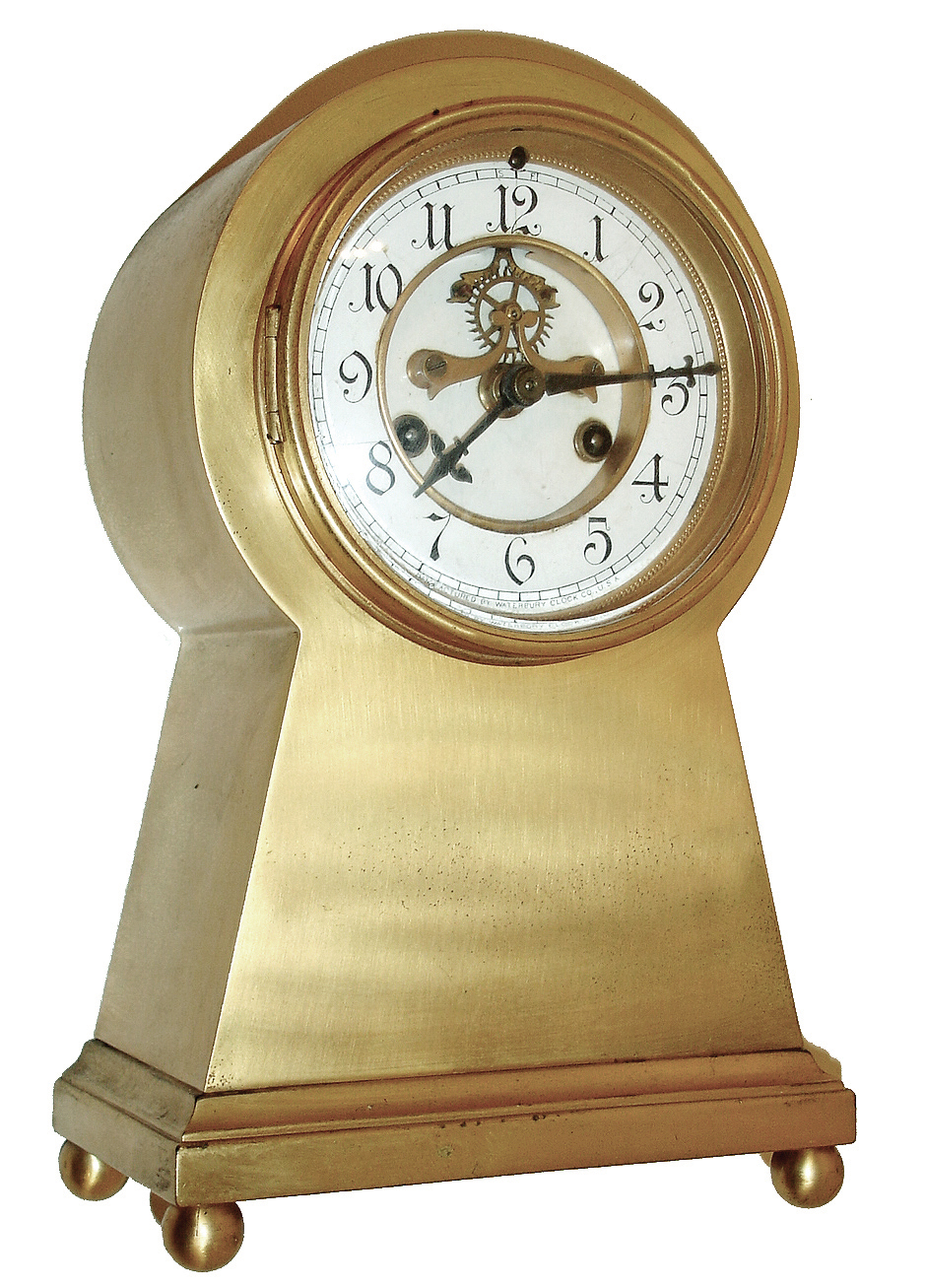 Waterbury Clock Co., Waterbury, Conn., ÒMonacoÓ, 8 days, time and strike, spring brass movement brass cased mantel clock, c1910 — Antique Clocks Price Guide