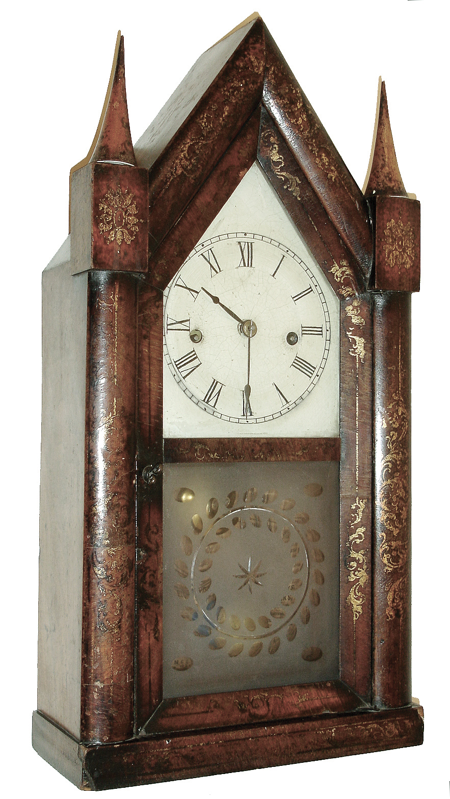 Chauncey Jerome, New Haven, Conn., 30 hours, time and strike, brass spring movement ÒSharp GothicÓ or ÒsteepleÓ clock, c1850 — Antique Clocks Price Guide