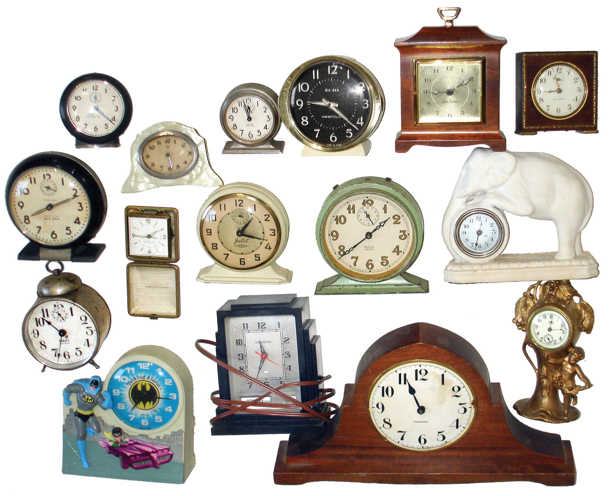 Clocks- 36 (Thirty-six) Desk, Alarm and Novelty: large assortment in two boxes including some early electrics, Waterbury &amp; Jennings Bros. gilt novelties, Westclox, French, Swiss and German models, all 20th century. — Antique Clocks Price Guide