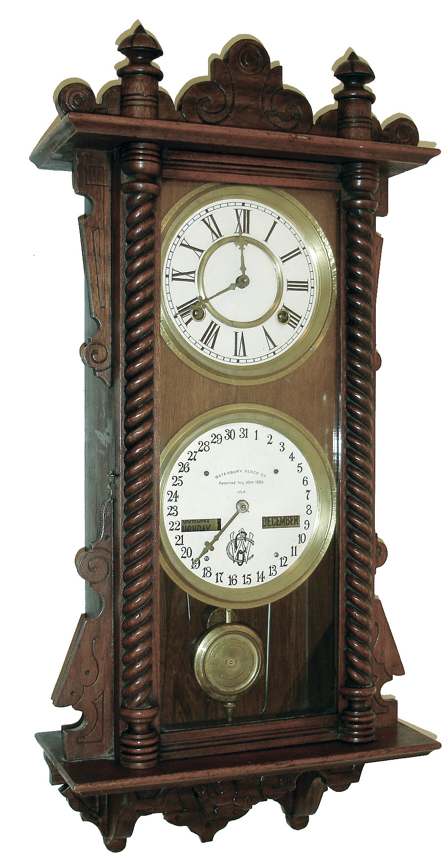 Waterbury Clock Co., Waterbury, Conn., ÓWaterbury No. 36Ò, 8 days, time and strike, spring brass movement double dial calendar clock, c1891 — Antique Clocks Price Guide