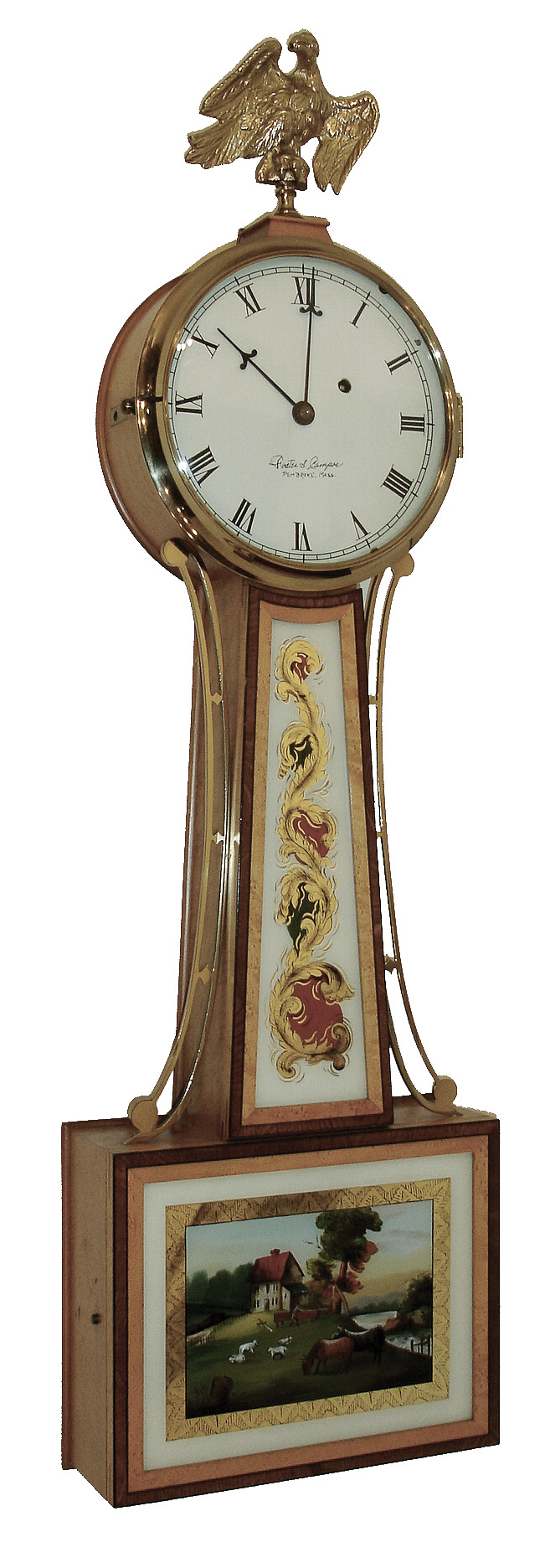 Foster Campos. Pembroke, Mass., 8 days, weight brass movement Patent Timepiece or ÒbanjoÓ timepiece. Case is not date stamped, nor is the movement signed, but dial is signed and his stamp is burned into the backboard. — Antique Clocks Price Guide