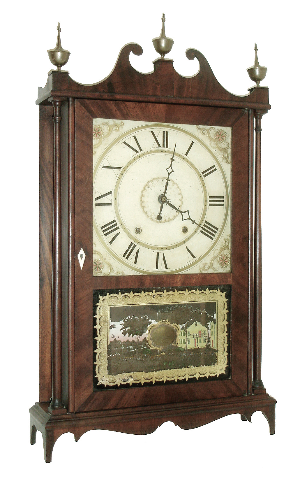 Bishop &amp; Bradley, Watertown, Conn., 30 hours, time and strike, weight wood movement pillar &amp; scroll shelf clock, c1825 — Antique Clocks Price Guide