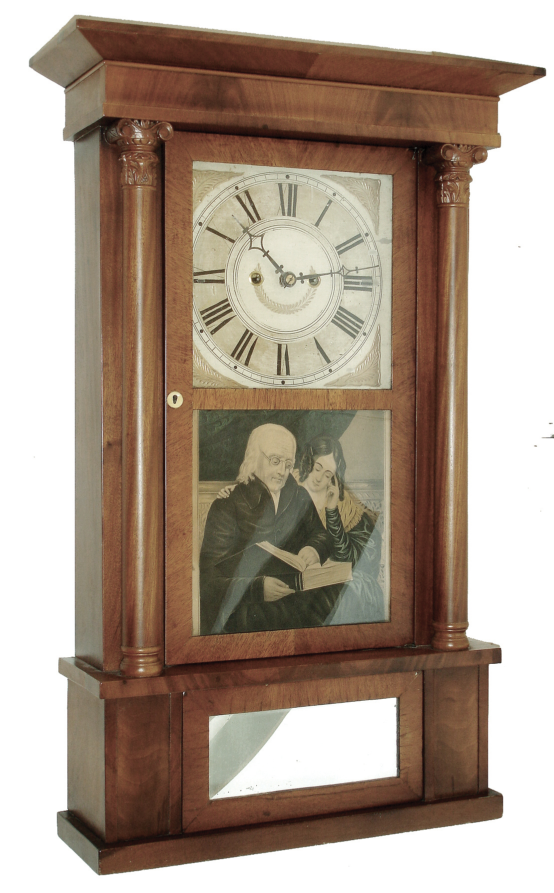 Spencer, Hotchkiss &amp; Co., Salem Bridge, Conn., 8 days, time and strike, weight brass movement column &amp; cornice shelf clock, c1835 The history of this clock was recorded on the backboard. This clock has been in the Eberly family until 2012 when it was sold at auction. — Antique Clocks Price Guide