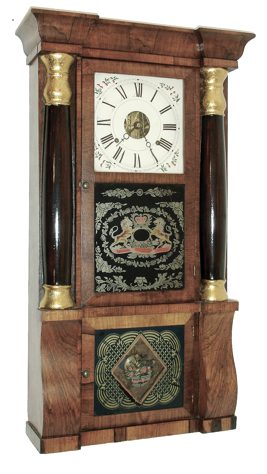 Clocks- 2 (Two) American Shelf: (1) Seth Thomas Clock Co., Plymouth Hollow, Conn., 8 days, time and strike, weight brass movement column &amp; cornice shelf clock, c1862 (2) John Bacon, Bristol, Conn., 30 hours, time and strike, weight wood movement bevel front shelf clock, c1835 — Antique Clocks Price Guide