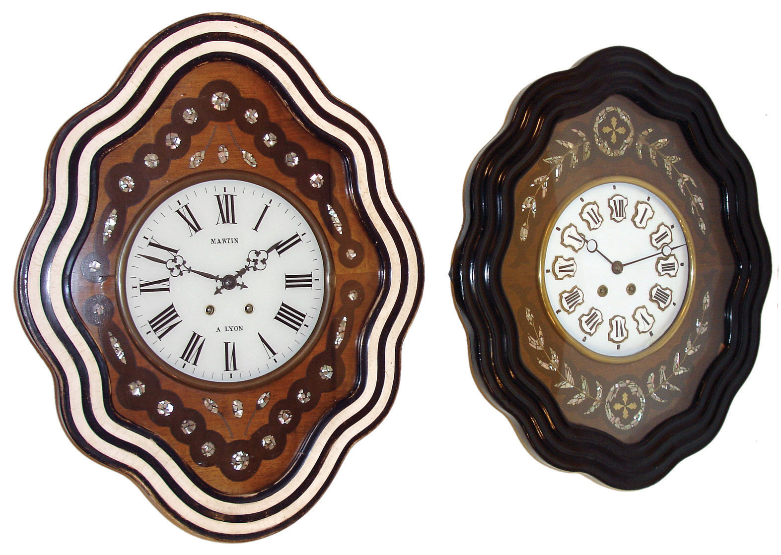 Clocks- 2 (Two): (1) French, Martin, Lyon, 8 days, time and strike, spring brass movement picture frame or BakerÕs wall clock. (2) French, 8 days, time and strike, spring brass movement picture frame or BakerÕs wall clock, both c1890 — Antique Clocks Price Guide