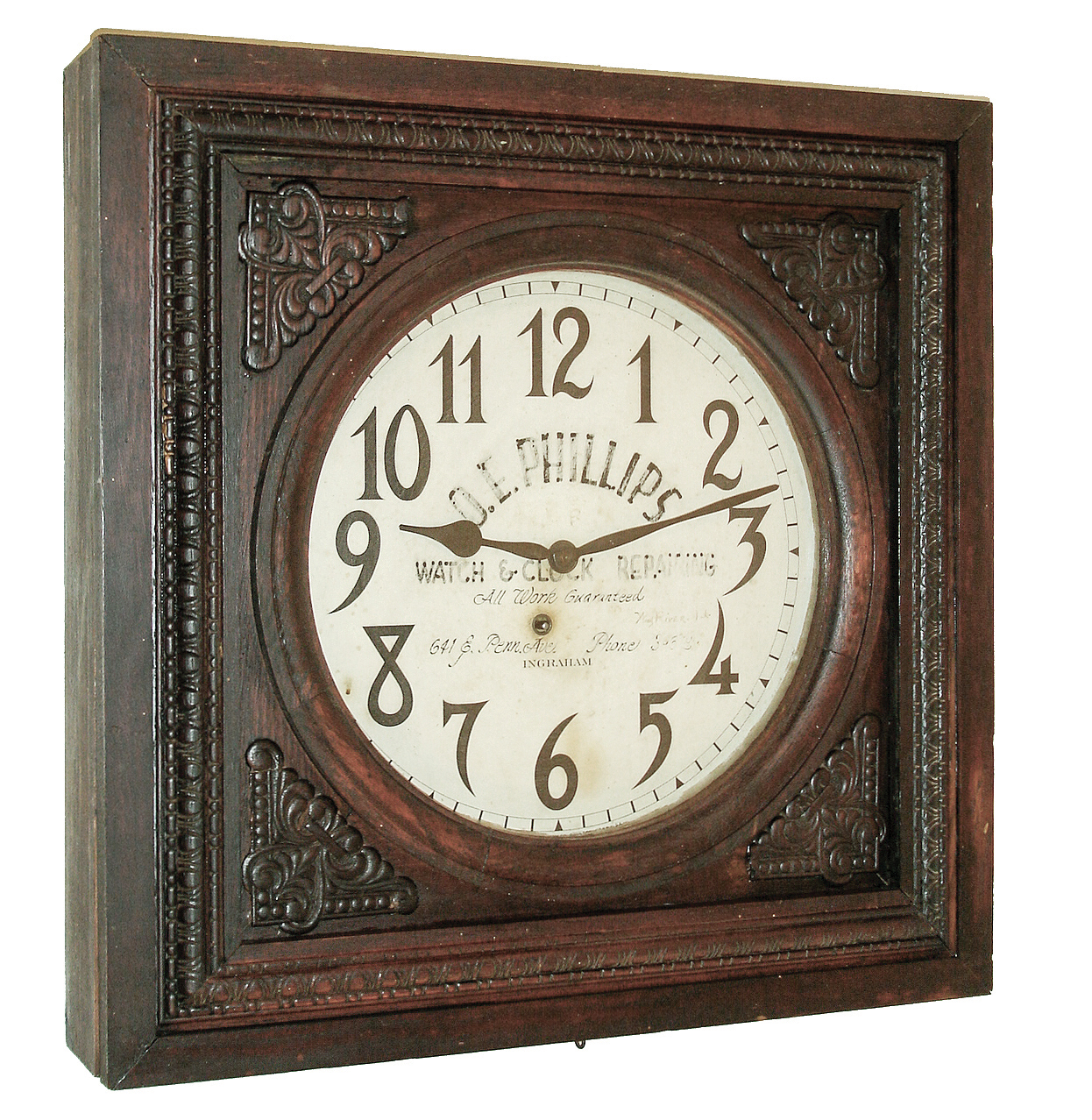 E. Ingraham &amp; Co., Bristol, Conn., ÒSolarÓ, 8 days, spring brass movement gallery timepiece, c1915 Mr. Phillips enhanced the dial by adding his name and occupation (clock &amp; watch repairing) to use as advertising for his business. — Antique Clocks Price Guide