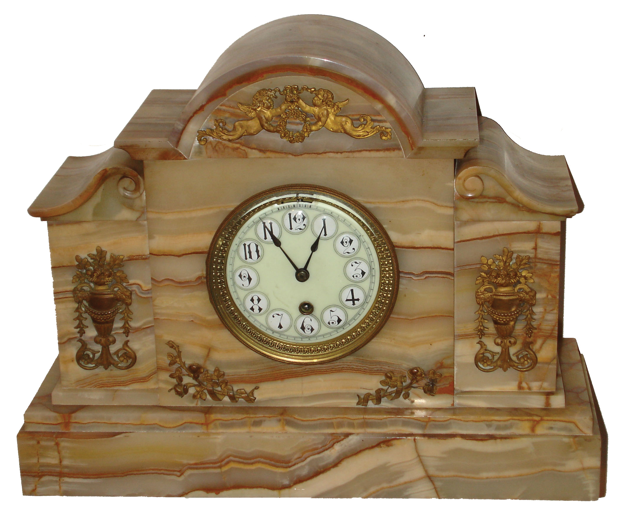 Boston Clock Co., Boston, Mass., tandem wind, 8 days, time and strike, balance wheel in onyx architectural case, c1895 — Antique Clocks Price Guide
