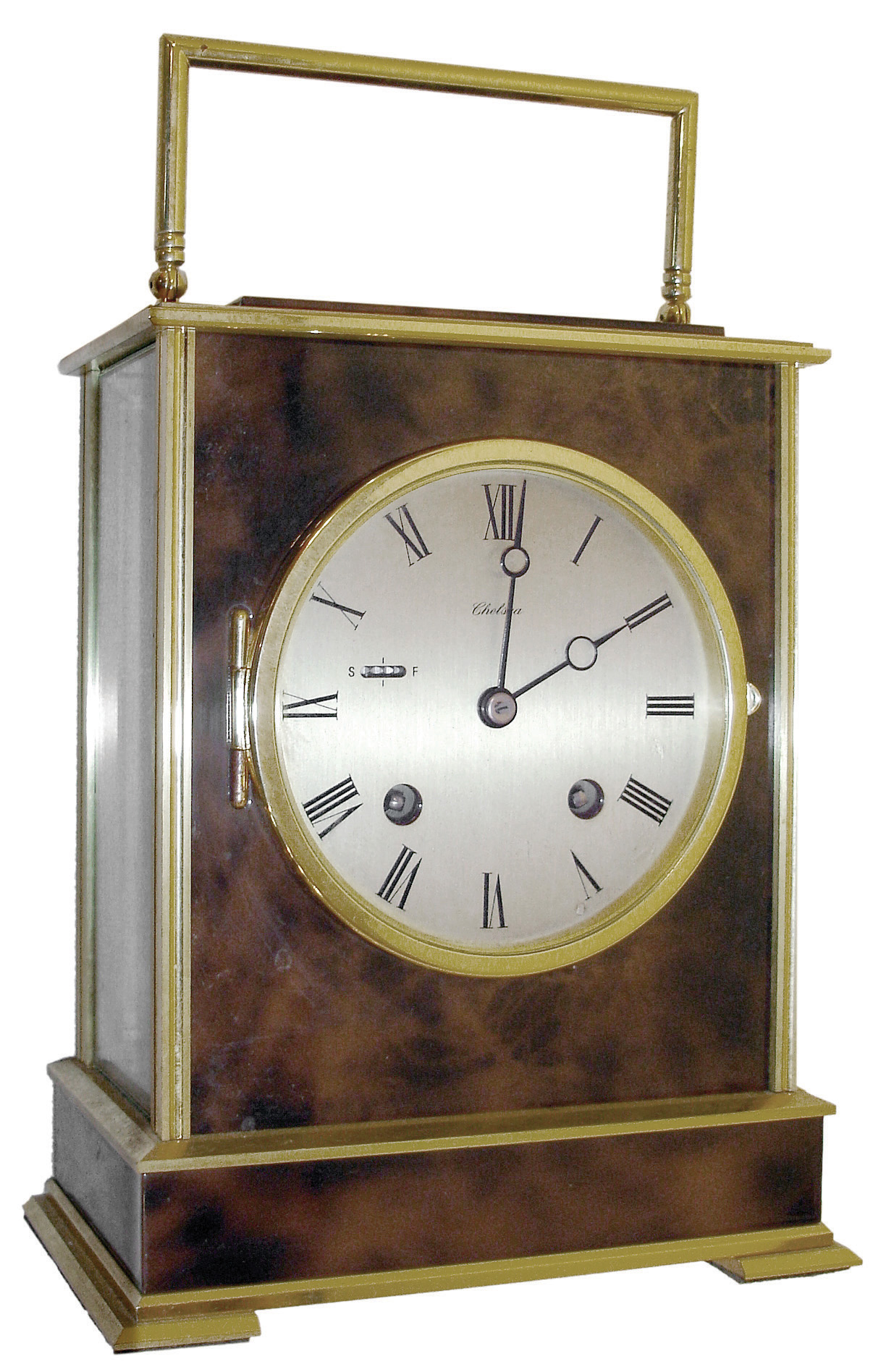 Chelsea Clock Co., Chelsea, Mass., ÓEagle SeriesÒ, 8 days, time and strike, brass spring movement House Strike Swiss made carriage clock form mantel clock, Serial no. 859236, c1986 — Antique Clocks Price Guide