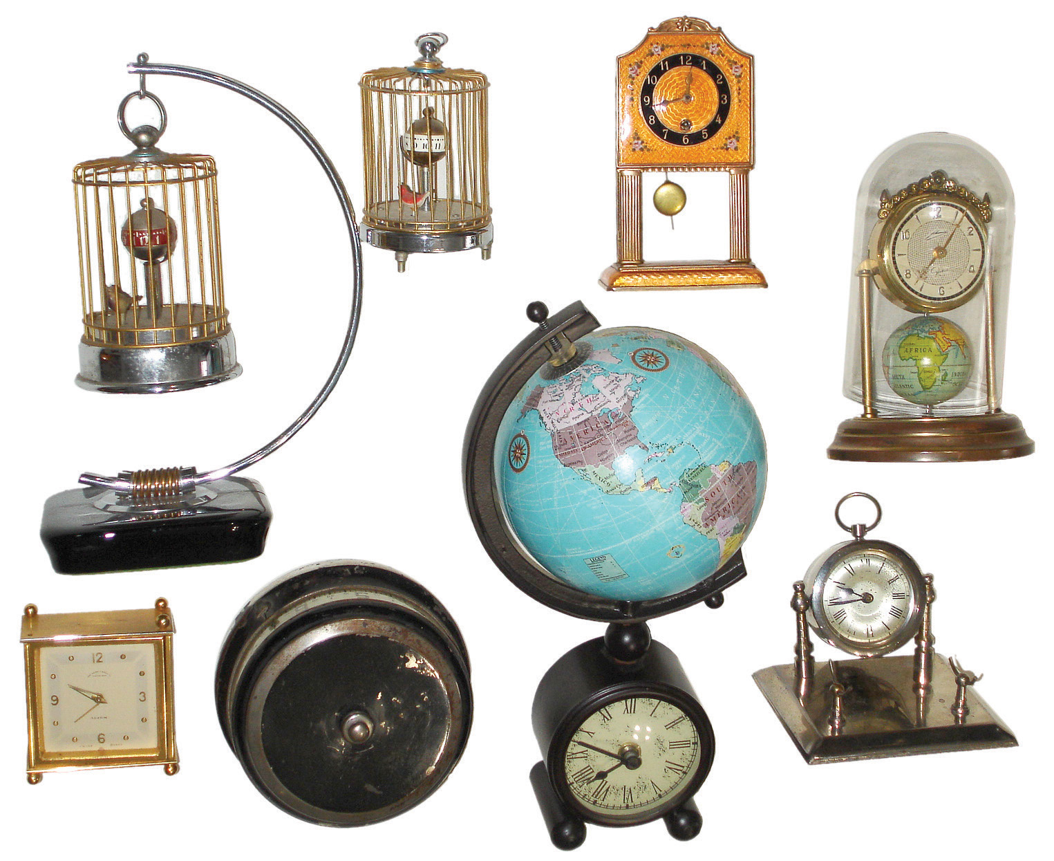Clocks- 8 (Eight) plus framed Ball Railroad Time Service announcement: Lux tape measure; globe; 2 small Japan birdcages; enameled novelty; Webb C. Ball Swiss alarm; desk clock with pen holder; ÒGlobusÓ West Germany miniature rotating globe — Antique Clocks Price Guide