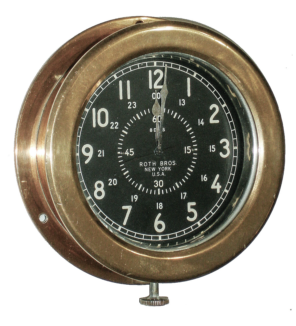 Roth Bros. New York, brass deck clock with LeCoultre Co. Swiss 7-jewel unadjusted, 8 days, small movement, c1960 — Antique Clocks Price Guide