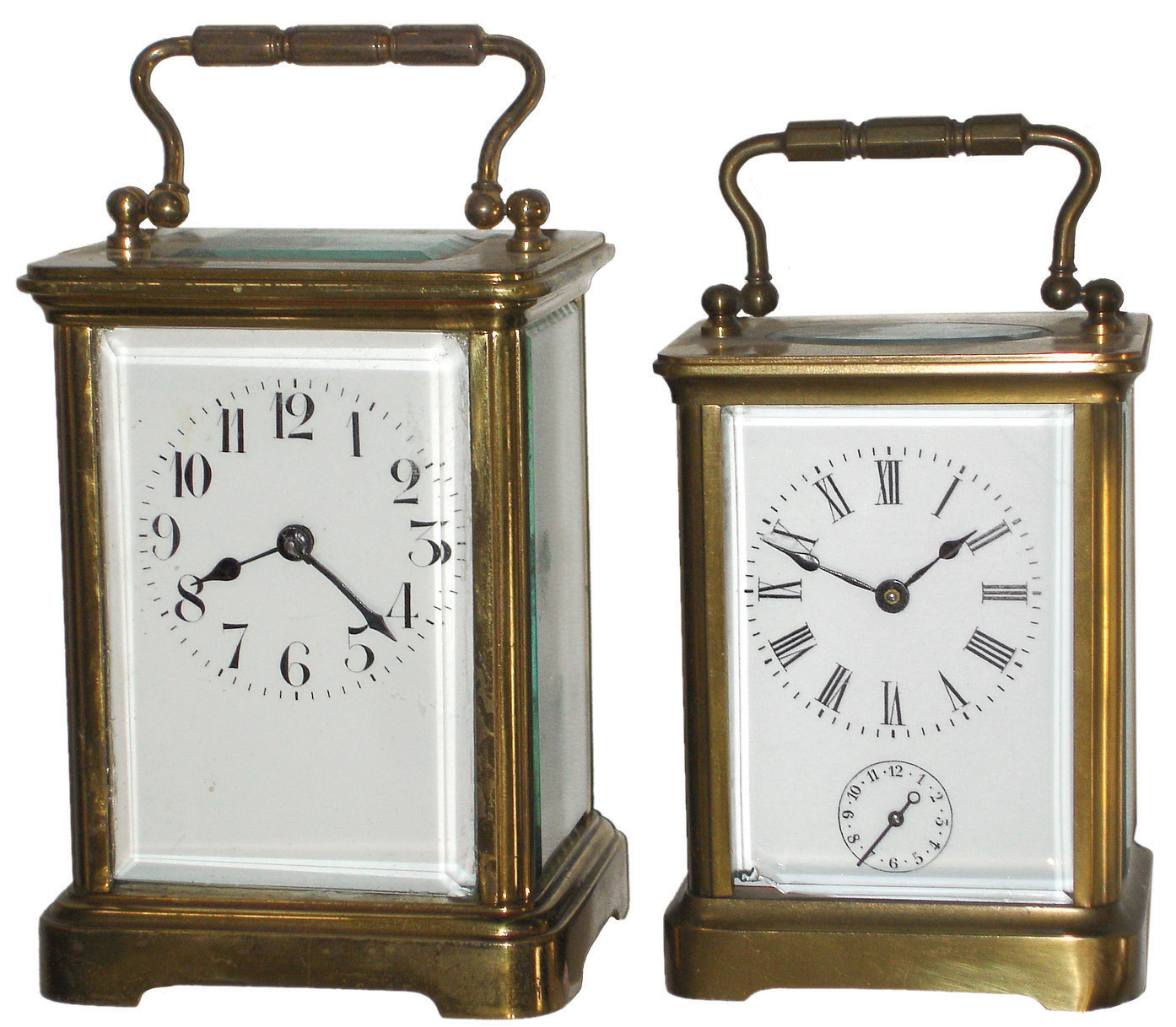 Clocks- 3 (Three) French carriage clocks, 8 days, brass and beveled glass, white porcelain dials, old lever escapement platforms; larger is time and strike; smaller is time and alarm; c1910, together with a Waltham Art Deco style double side desk clock and a Morbier movement — Antique Clocks Price Guide