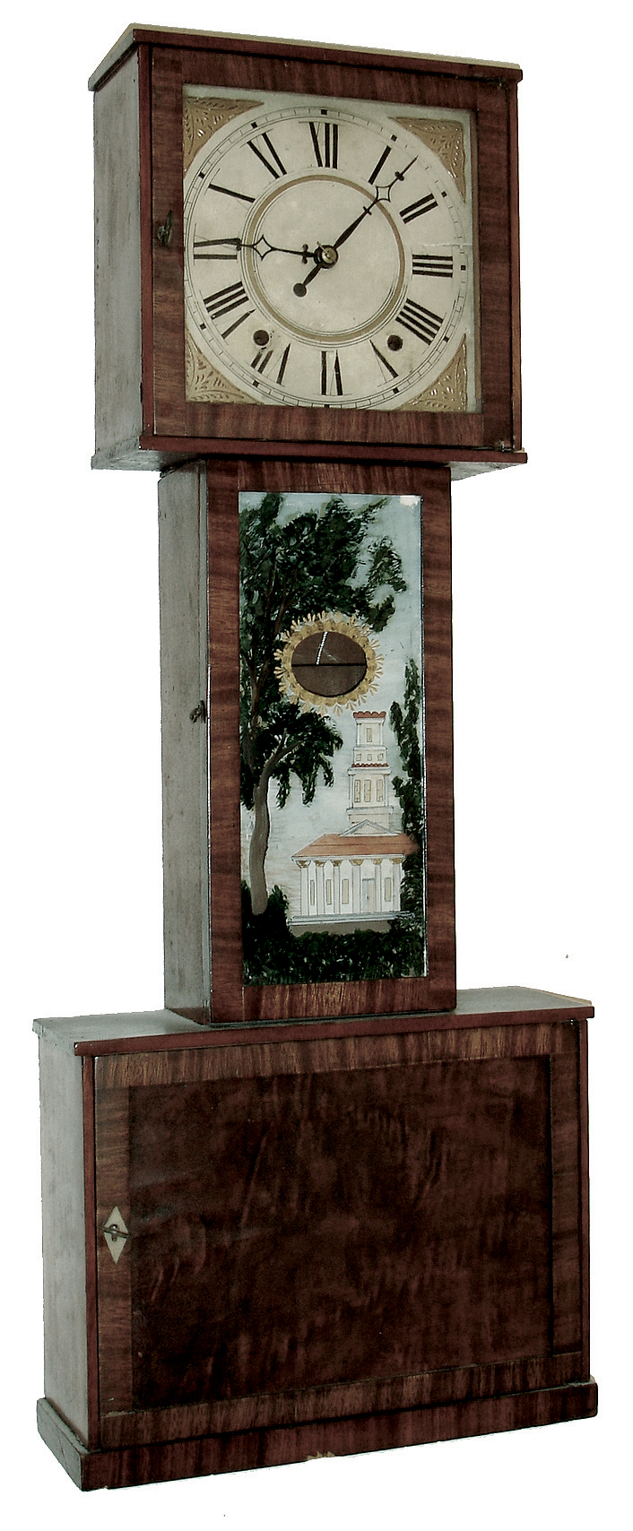 Unknown maker, Connecticut Banjo, 30 hours, time and strike, two weight driven, Terry-type wooden works movement in a mahogany veneered case with painted wooden dial and reverse painted throat tablet, c1830 — Antique Clocks Price Guide
