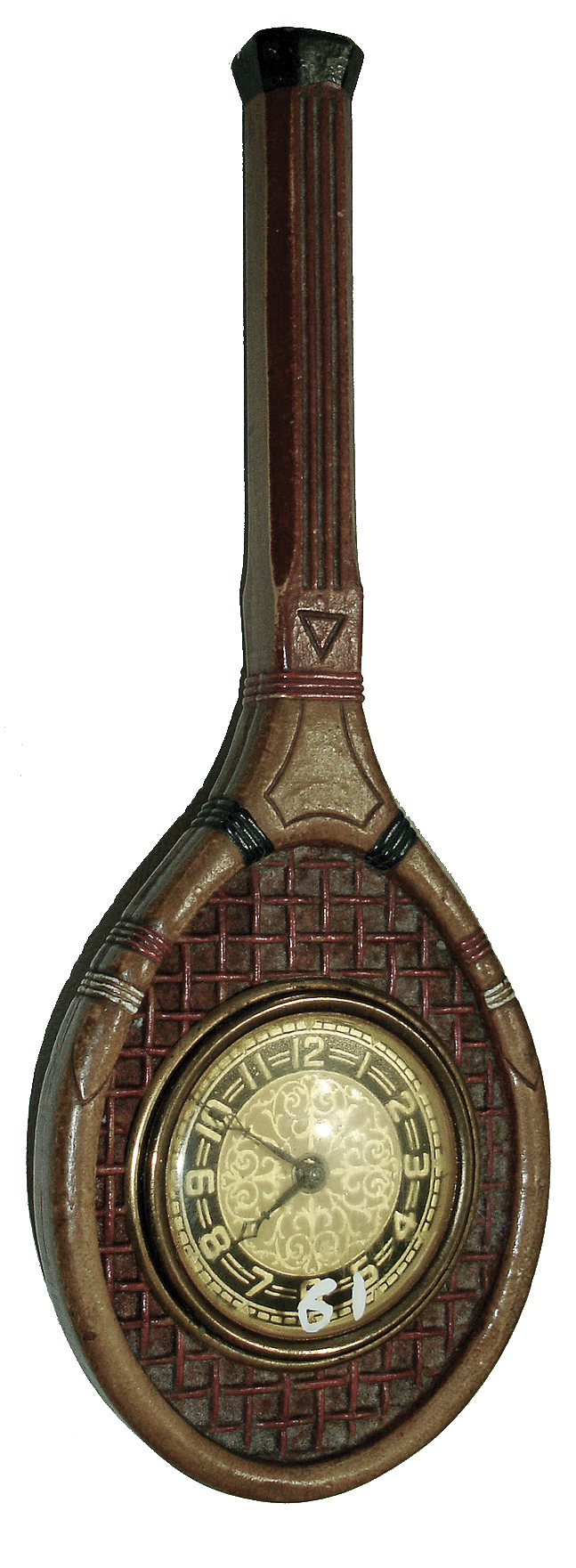 Lux Clock Mfg. Co., Waterbury, Conn., tennis racquet, 30 hours, time only, novelty clock, c1925 — Antique Clocks Price Guide